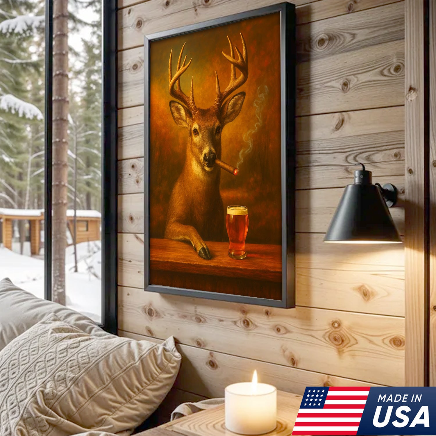 Funny White-Tailed Deer Smoking and Drinking Cocktail Glasses Canvas - Humorous Man Cave Wall Art For Hunters & Cocktail Glasses Lovers