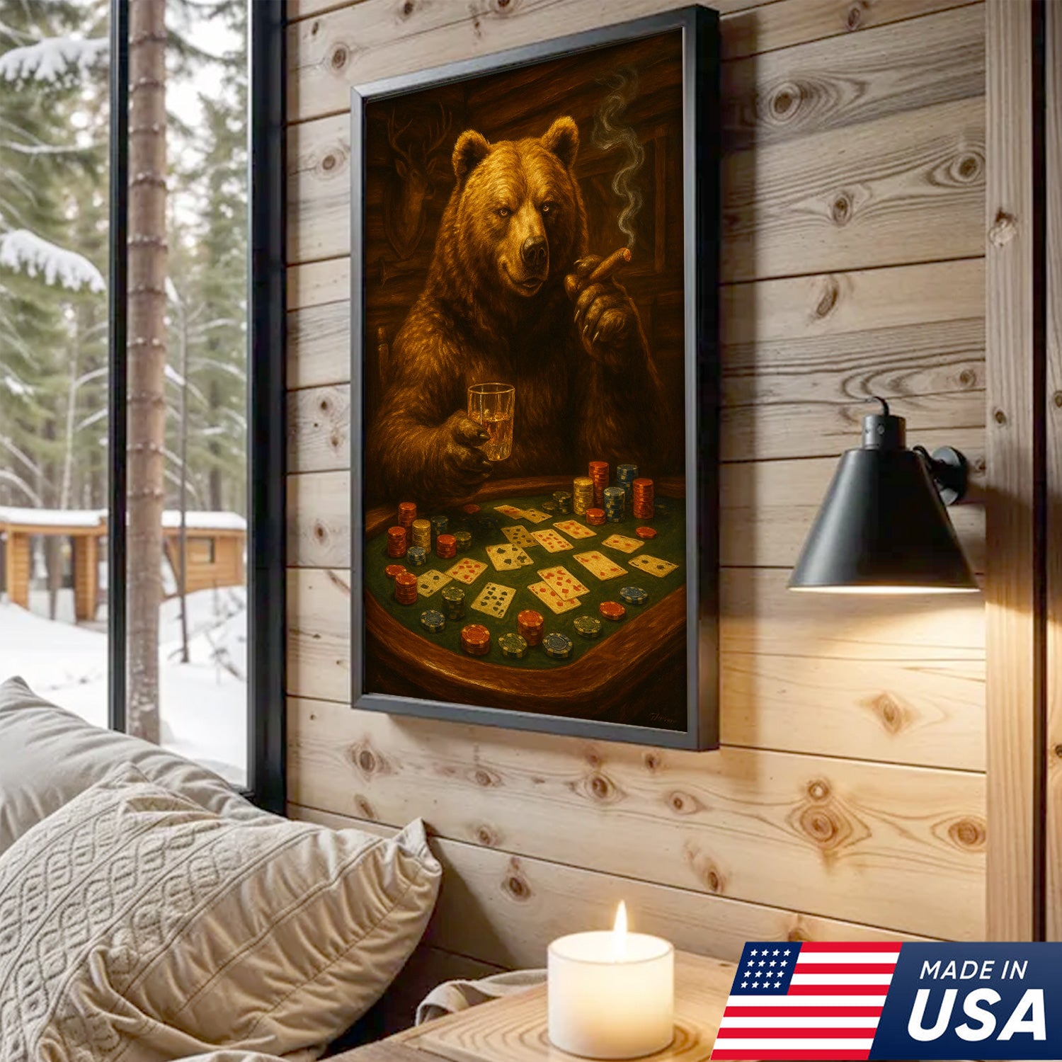 Rustic Bear Poker Canvas Wall Art – Funny Animal Playing Cards Decor for Cabin, Lodge & Game Room