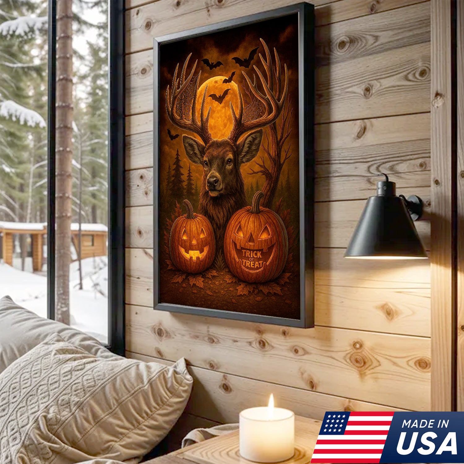 Trophy Buck Halloween Canvas Wall Art – Spooky Deer with Pumpkins and Full Moon Decor