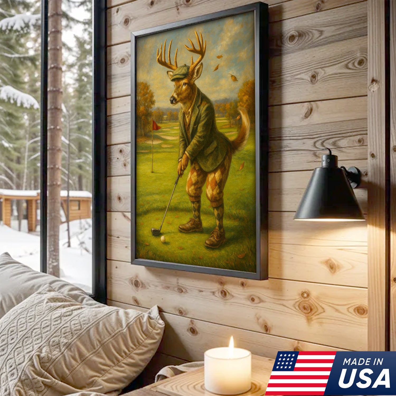 Vintage Deer Golfer Canvas Print – Rustic Funny Lodge Wall Art, Man Cave & Cabin Gift USA