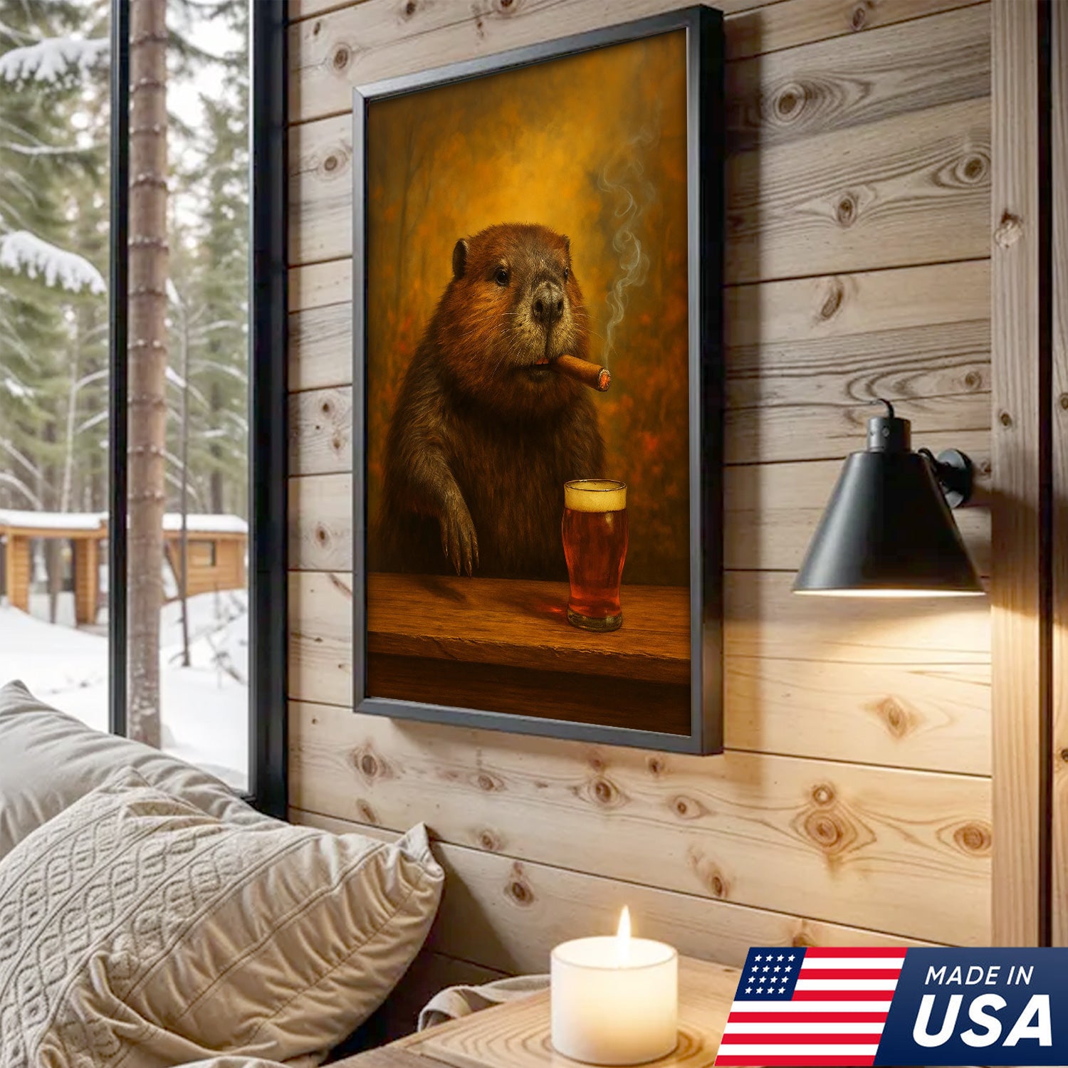 Funny Beaver Smoking with Cocktail Glasses Canvas – Rustic Cabin & Hunting Lodge Wall Art