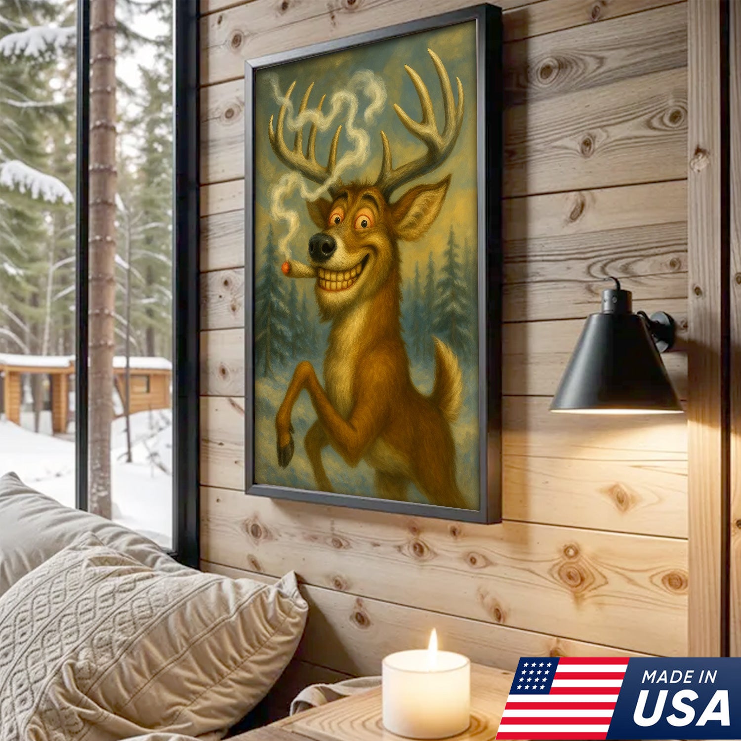 Funny Deer Smoking Canvas Wall Art – Rustic Cabin Lodge Decor, Hunting Gift for Men