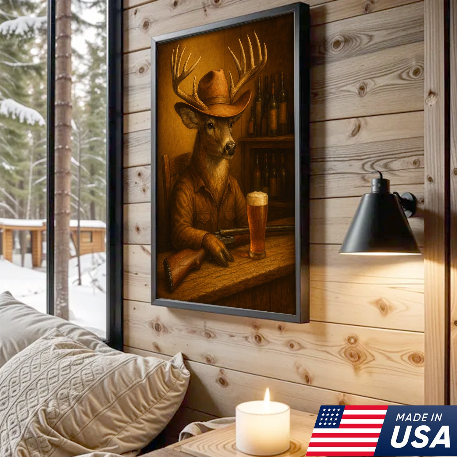 Funny Cowboy Deer Cocktail Glasses Bar Canvas Wall Art – Rustic Hunting Lodge Decor