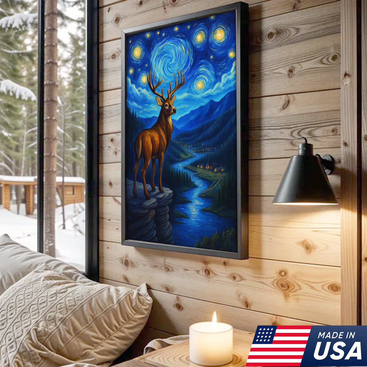 Starry Night Deer Wall Art – Mountain River Landscape Canvas - Hunter Gift for Men Women
