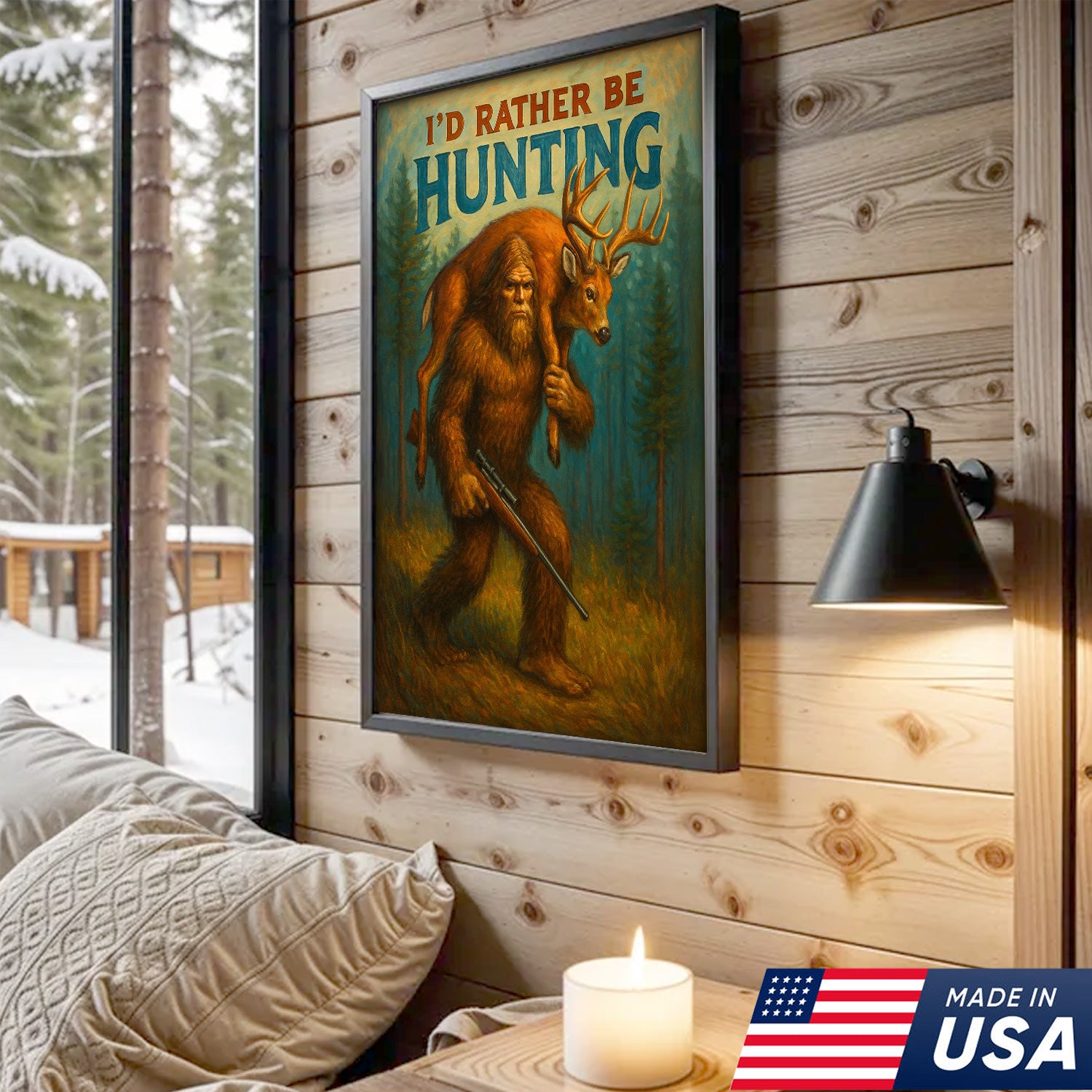I’d Rather Be Hunting Canvas – Bigfoot Carrying Deer Buck Rustic Wall Art for Hunters, Man Cave & Cabin Decor