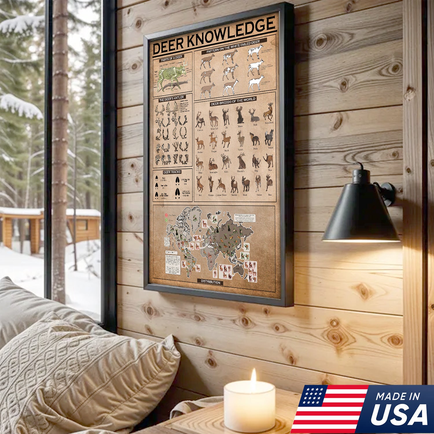 Deer Knowledge Canvas – Anatomy, Antlers, Tracks & Breeds Educational Wall Art - Hunting Lodge Educational Canvas Decor