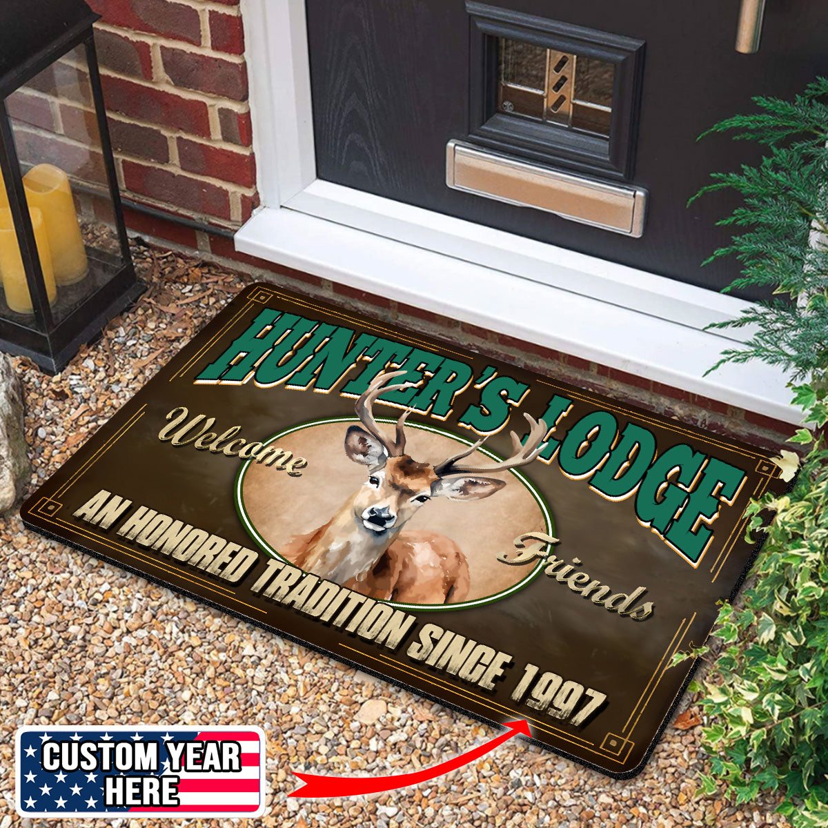 Personalized Hunter’s Lodge Deer Doormat – Custom Year, Rustic Cabin Welcome Mat for Hunters & Outdoor Decor