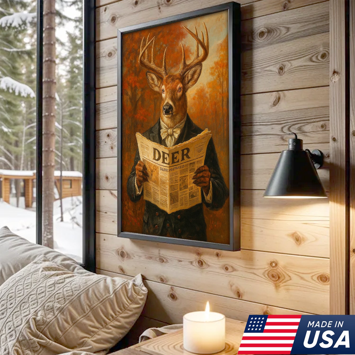 Funny Deer Reading Newspaper Canvas – Rustic Hunting Lodge Wall Art