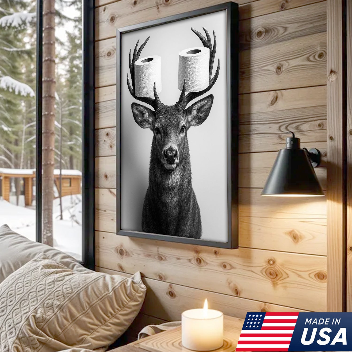 Deer Canvas Wall Art - Funny Animal Portrait with Toilet Paper on Antlers - Black and White Bathroom Decor Print
