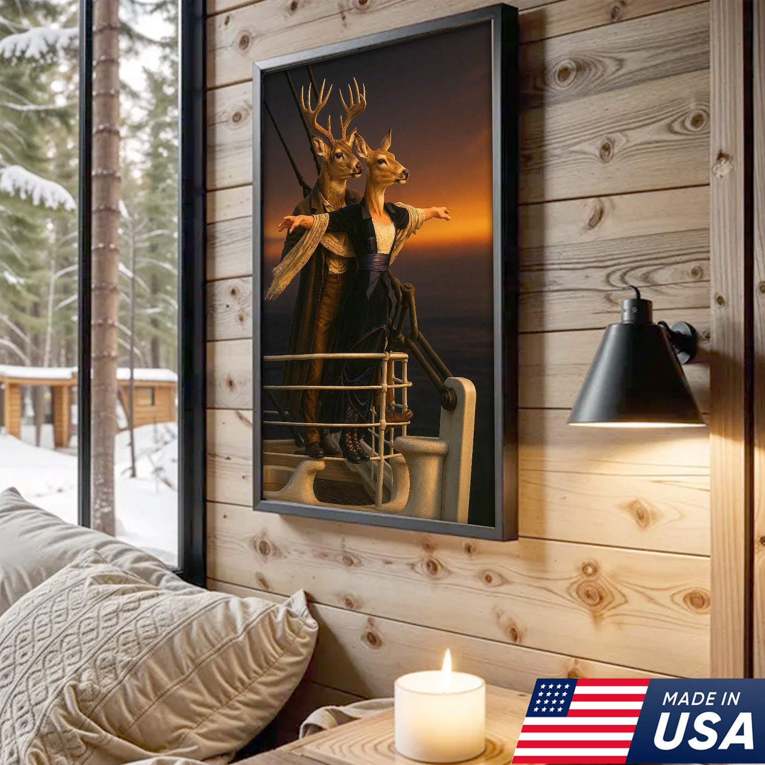 Romantic Deer Canvas Wall Art – Buck and Doe Cinematic Scene Sunset – Funny Whitetail Deer Couple Home Decor