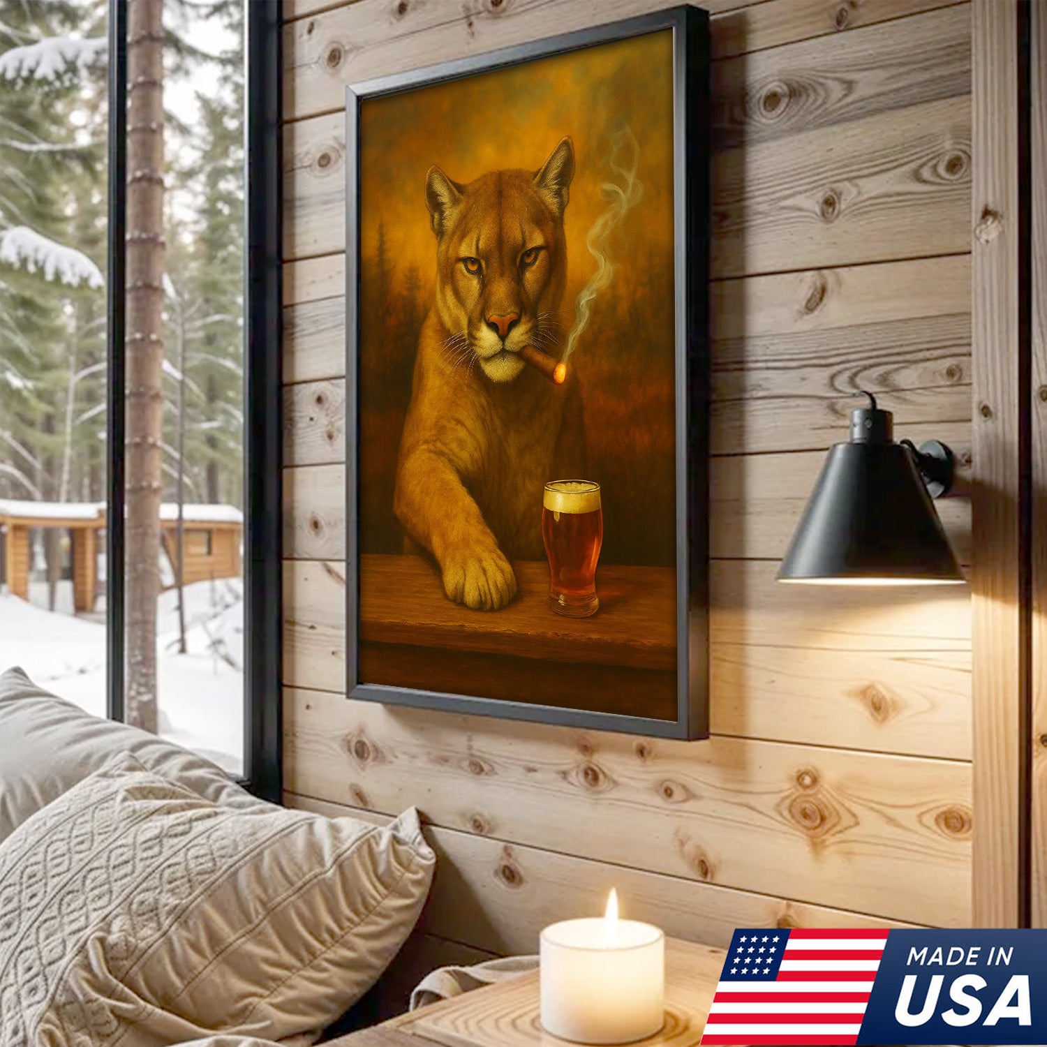 Funny Mountain Lion Smoking With Cocktail Glasses Canvas Wall Art – Rustic Bar Decor Perfect Gift for Hunters & Cocktail Glasses Lovers