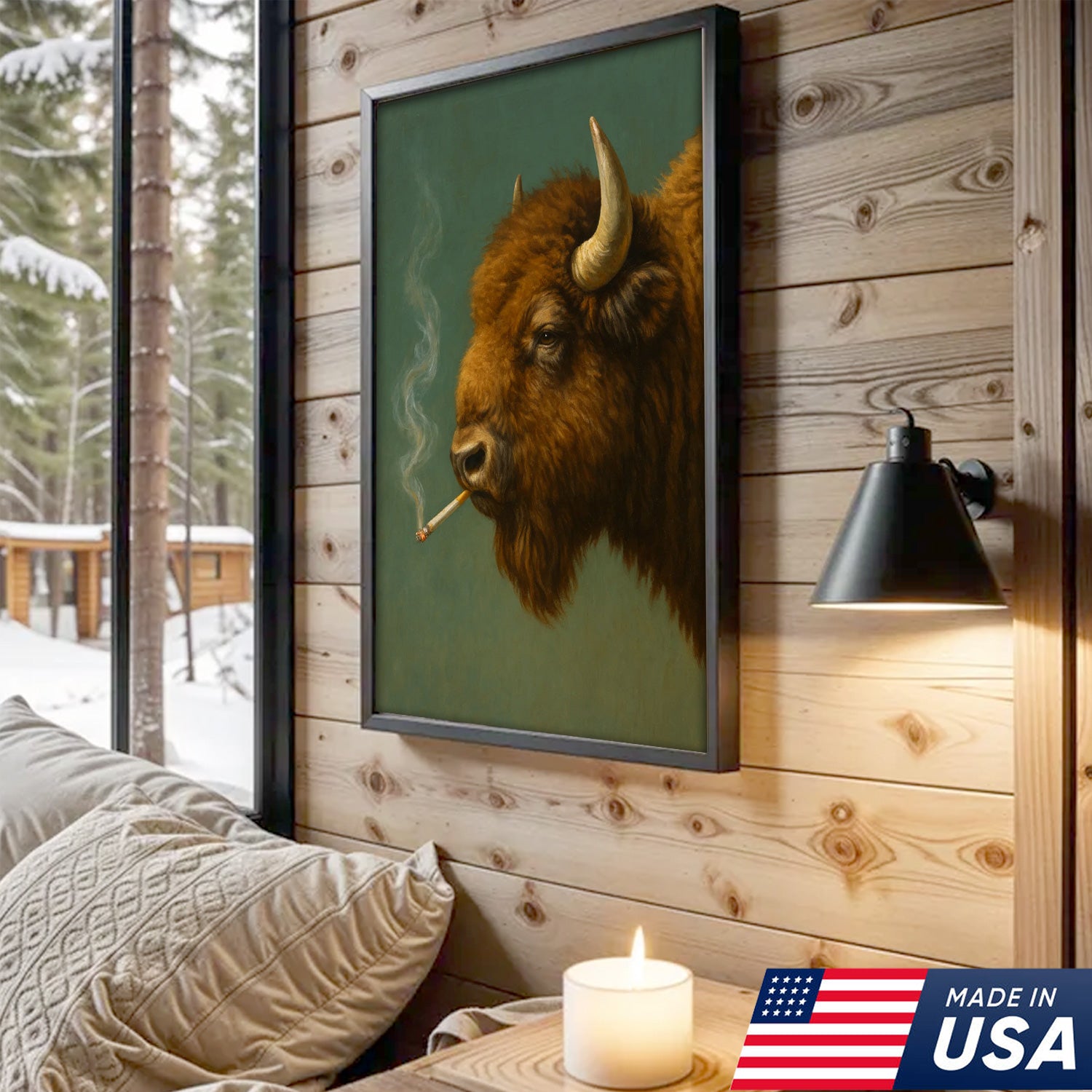 Buffalo Bison Smoking Canvas Wall Art – Rustic Western Cabin Decor for Hunters