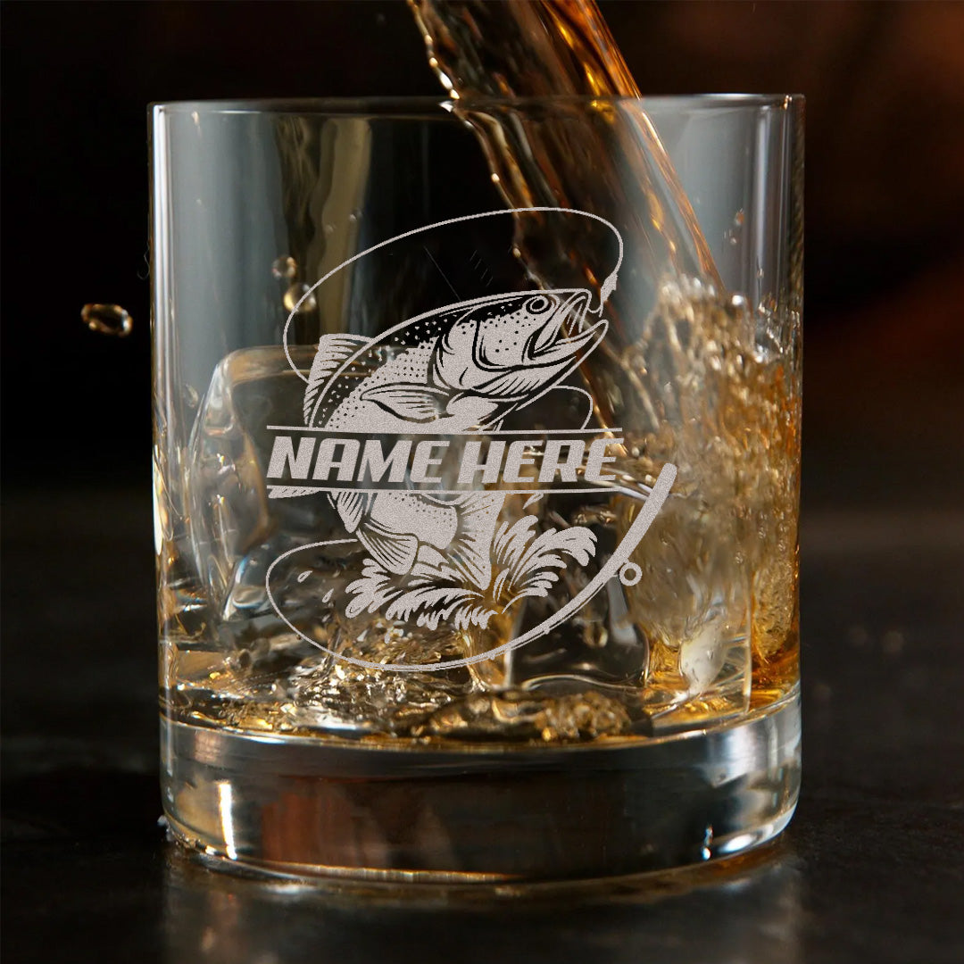 Custom Name Trout Fishing Whiskey Glass – Personalized Engraved Fly Fisherman Gift
