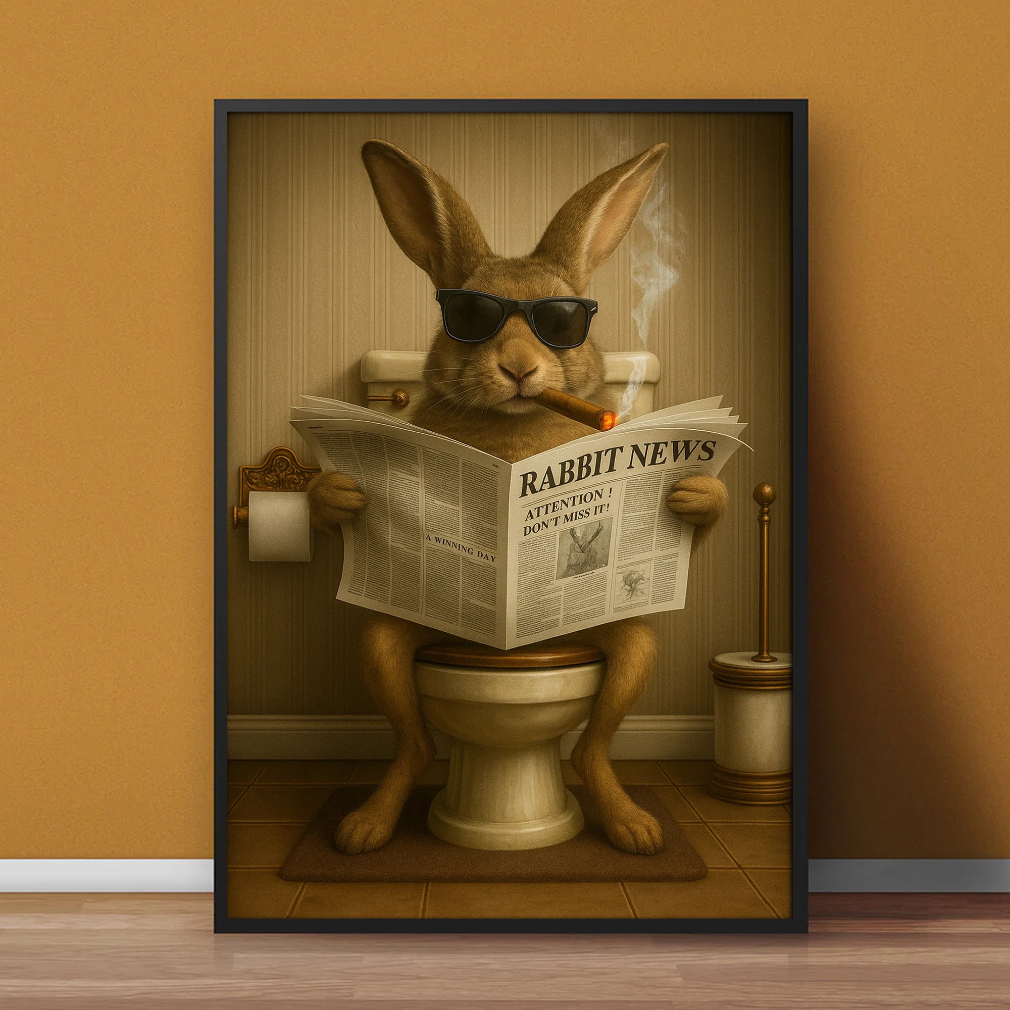 Funny Rabbit Reading News Bathroom Wall Art – Rustic Decor for Men, Hunting Cabin Poster, Hilarious Gift for Dad