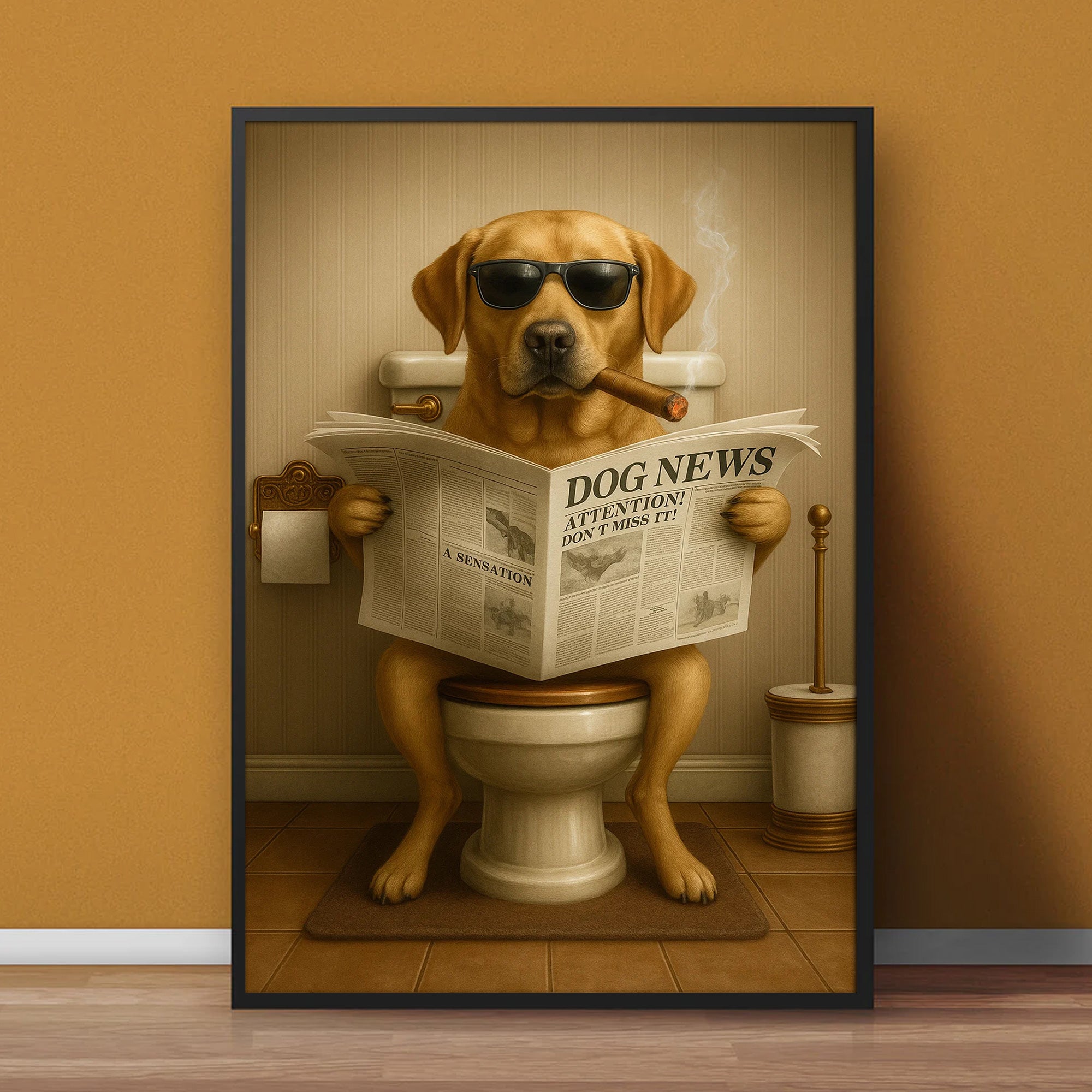 Funny Labrador Bathroom Poster Canvas – Dog on Toilet Reading Newspaper - Rustic Bathroom Decor, Gift for Dog Dads