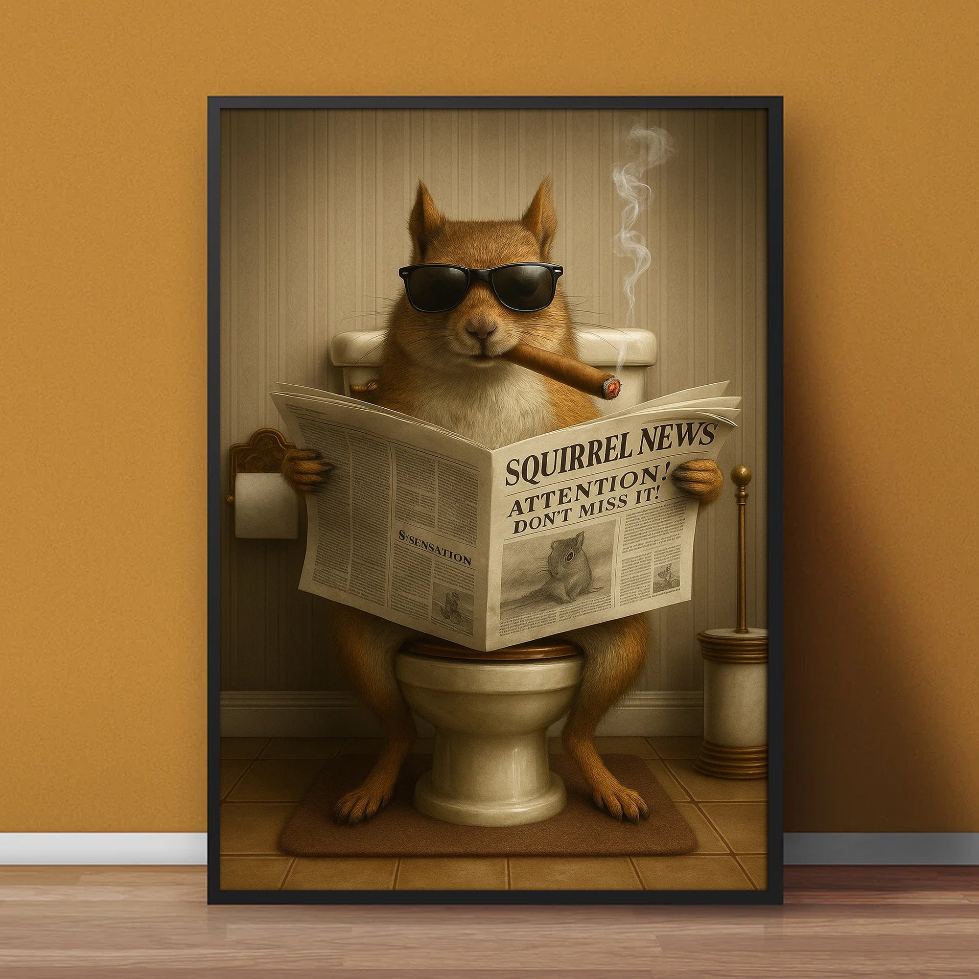 Squirrel Reading News Smoking Bathroom Wall Art – Rustic Decor for Men, Hunting Cabin Poster, Hilarious Gift for Dad