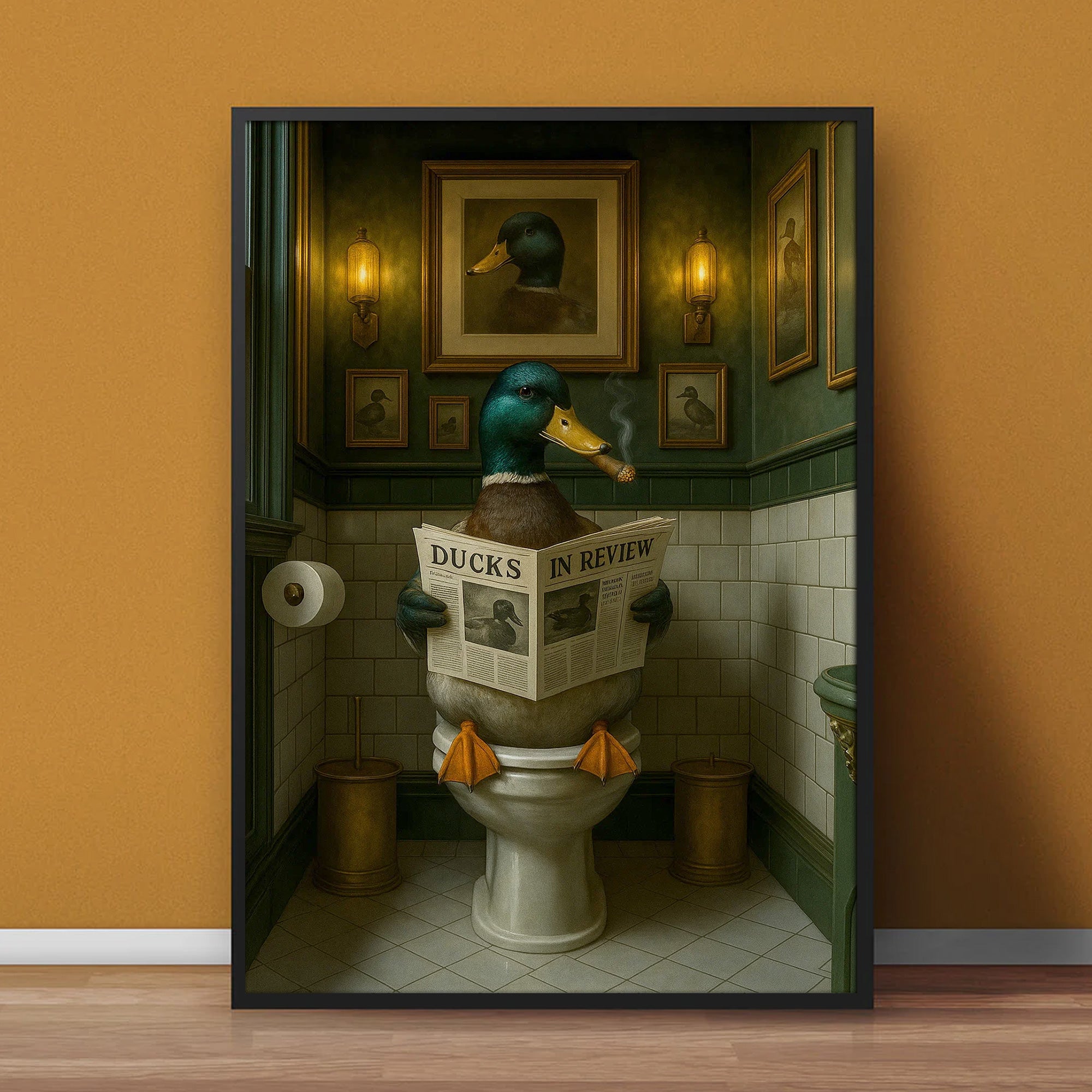 Mallard Duck Toilet Scene Poster Canvas – Smoking-Smoking Duck Reading ‘Ducks in Review’ - Gift for Outdoorsmen