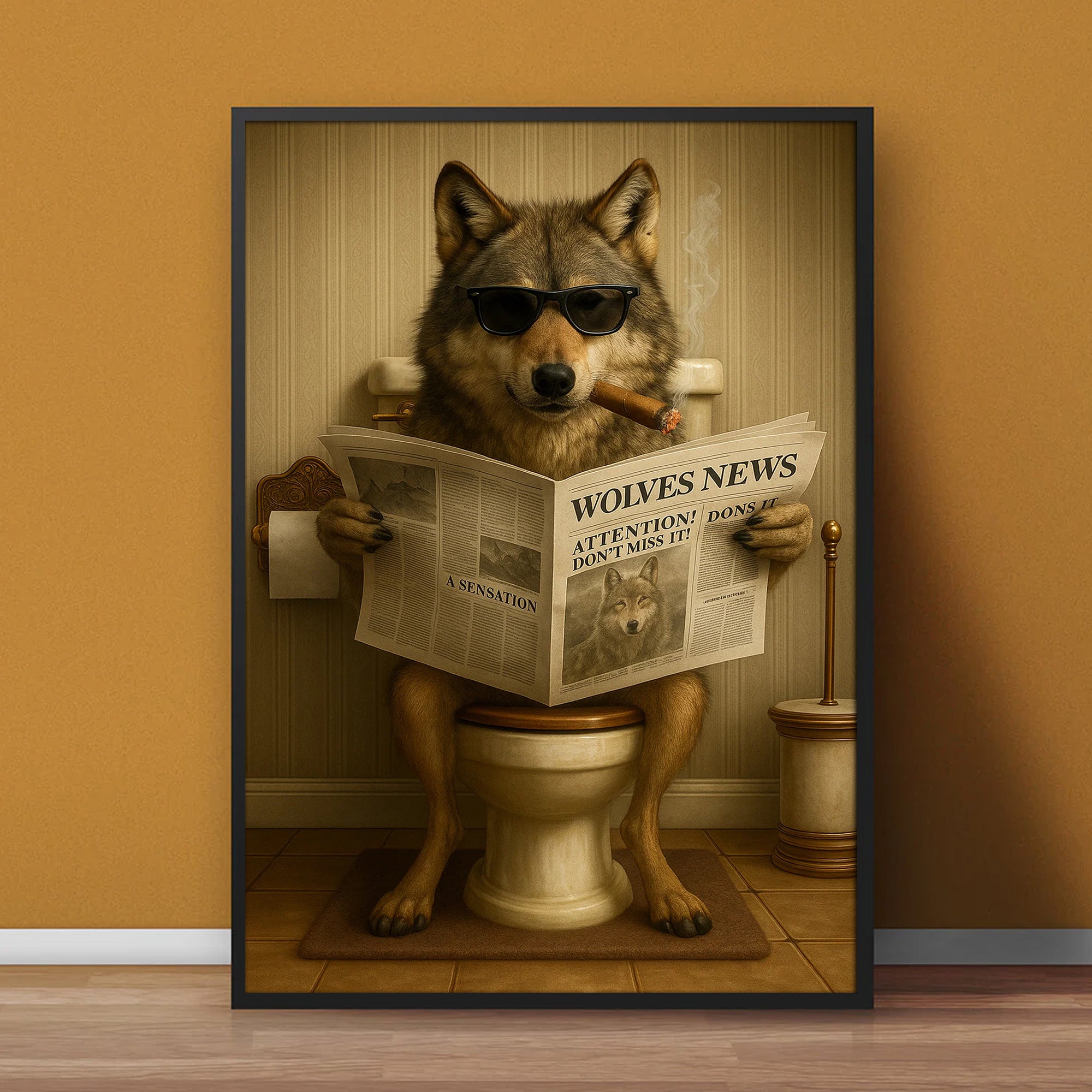 Funny Wolves News Poster Canvas – Hilarious Bathroom Scene with Cool Wolf on Toilet - Gift for Men, Nature Lovers, Hunters
