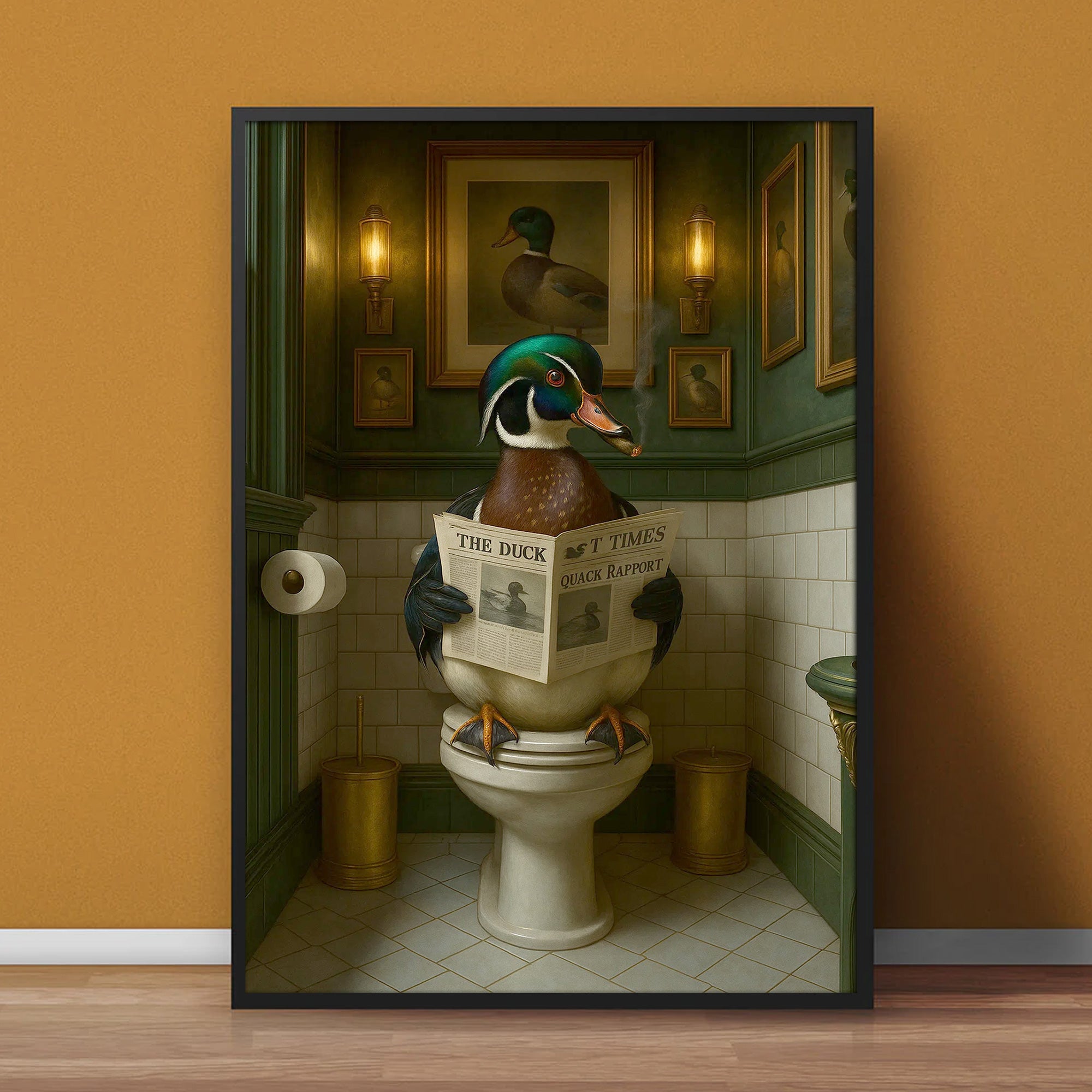 Rustic Duck Bathroom Wall Art Canvas – Wood Duck Reading Newspaper - Lodge Humor Print, Perfect Gift for Hunters