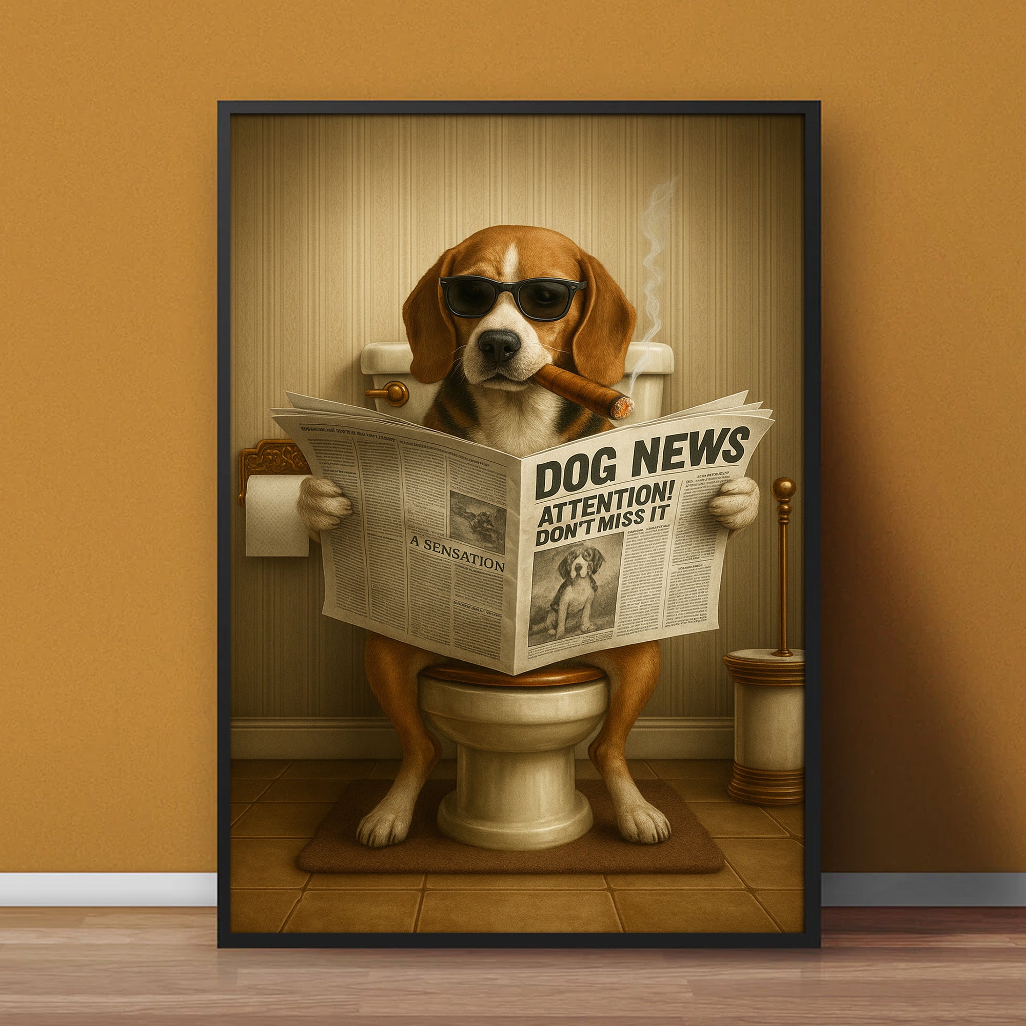 Funny Beagle Reading Newspaper Canvas – Funny Dog Hunting Bathroom Wall Art, Rustic Cabin Decor, Gift for Men