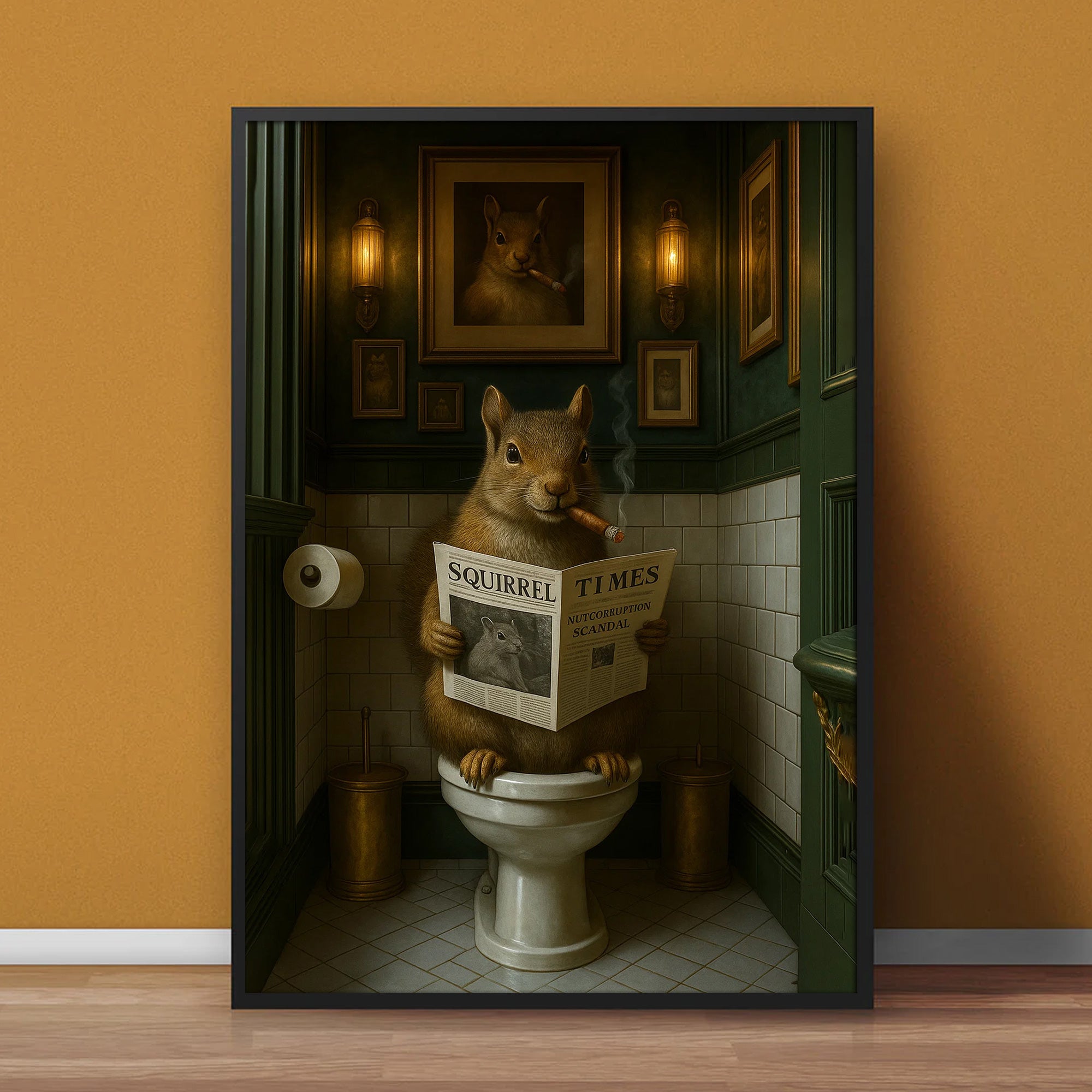 Funny Squirrel on Toilet Poster Canvas – Hilarious Wildlife Bathroom Scene - Lodge Humor Canvas, Gift for Men or Nature Lovers