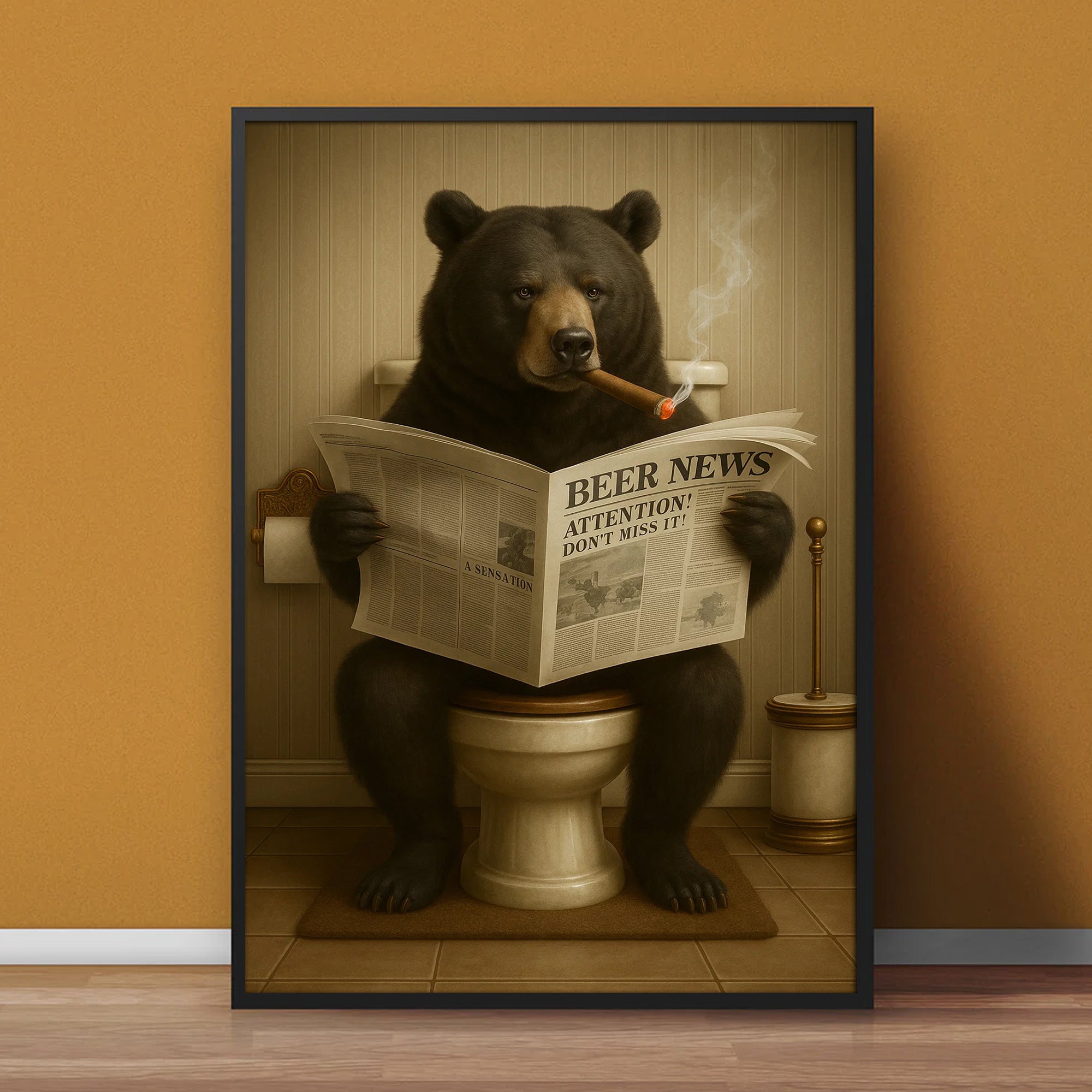Funny Bear Newspaper Bathroom Canvas Wall Art – Wildlife Animal Poster - Unique Gift for Dad, Hunters & Outdoorsmen