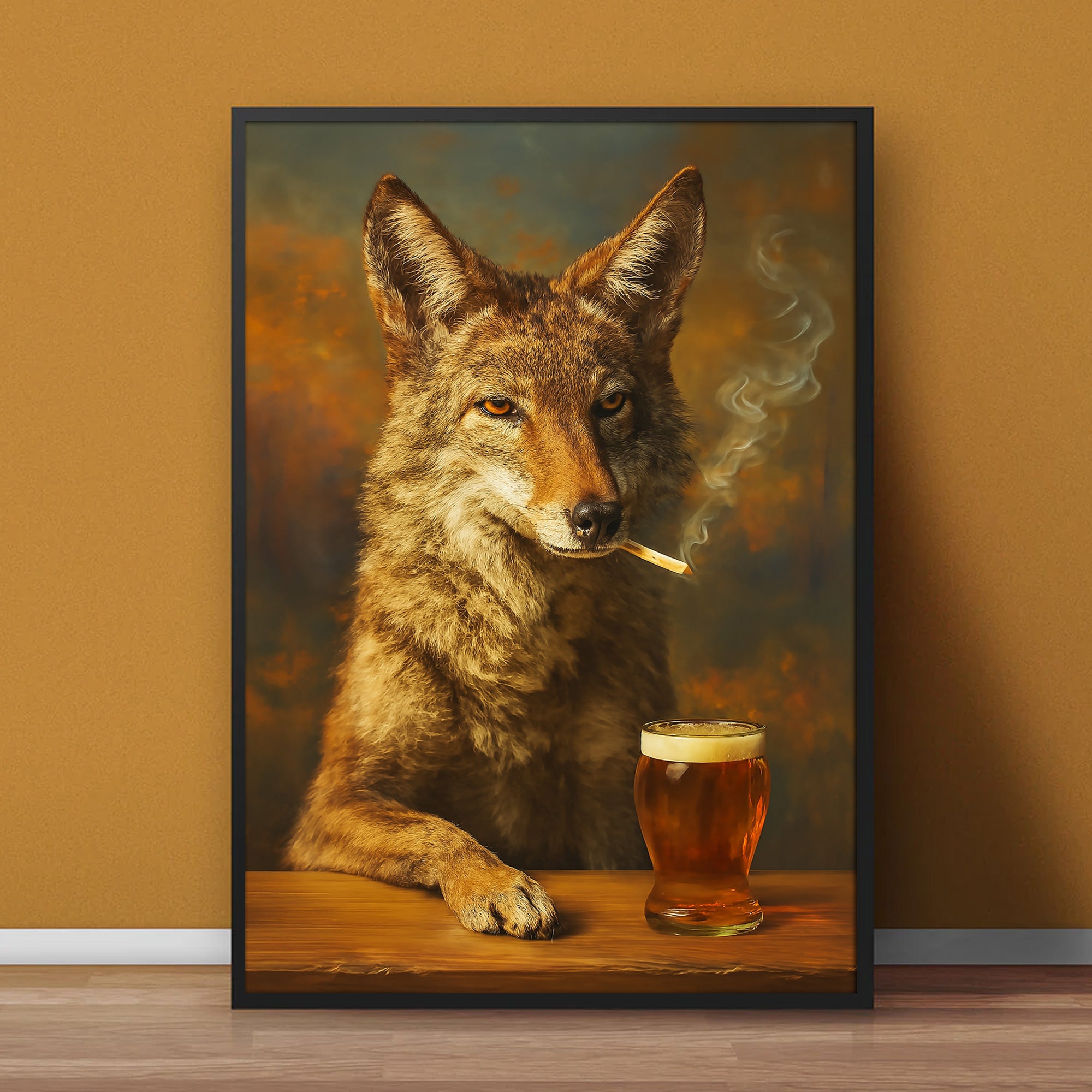 Smoking Wolf Coyote with Cocktail Glasses Canvas – Funny Hunting Wall Art for Man Caves - Hilarious Gift for Outdoorsmen