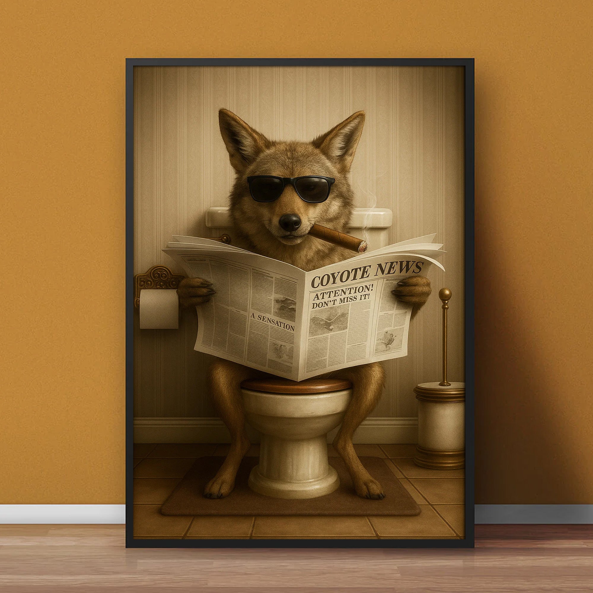 Smoking Coyote Wolf Canvas – Funny Wildlife Bathroom Art for Hunters & Cabin Decor