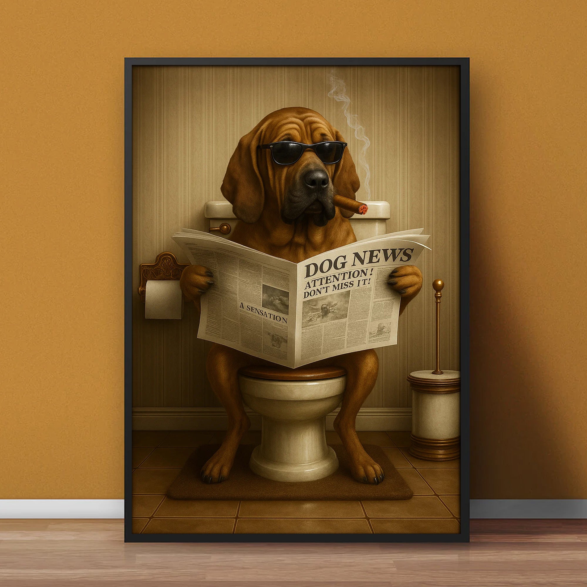 Funny Rustic Dog Bathroom Canvas – Bloodhound Smoking Reading ‘Dog News’ - Hunting Hunters Cabin Decor, Gift for Dad or Husband