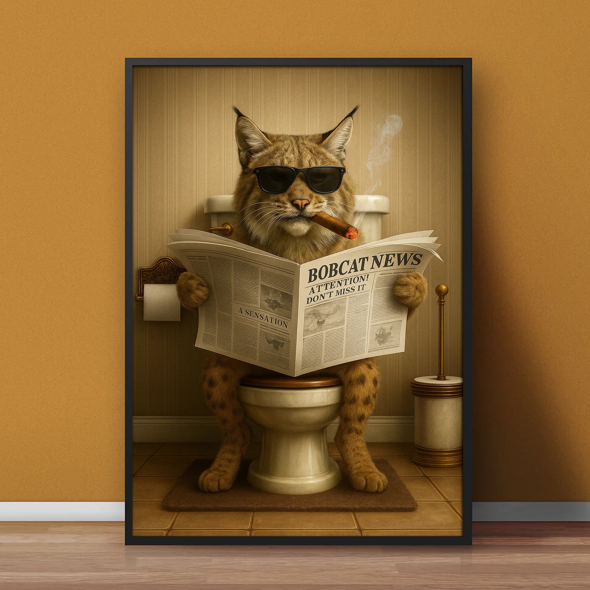 Funny Bobcat Bathroom Wall Art – Rustic Wildlife Decor for Men, Hunting Cabin Poster, Hilarious Gift for Dad