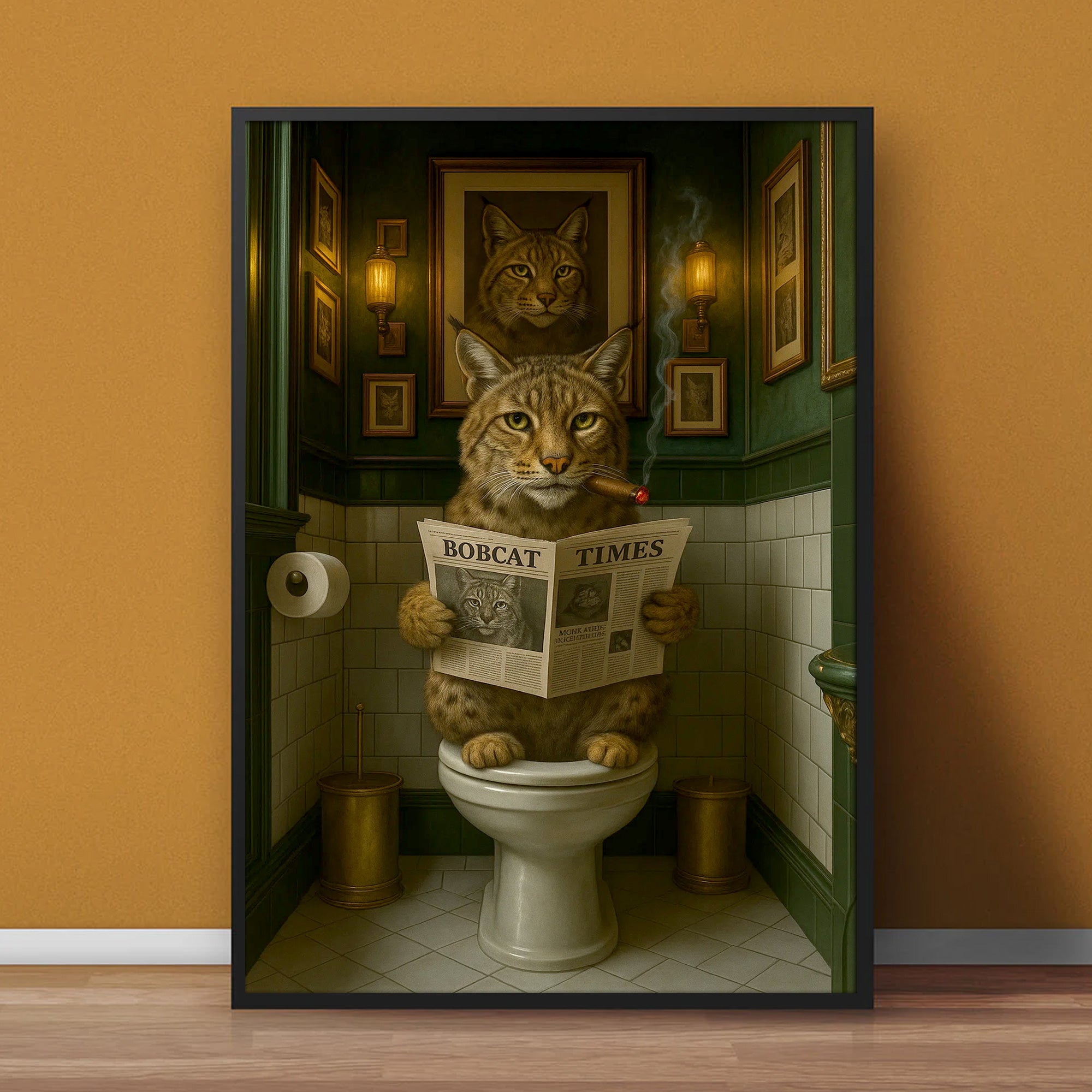 Funny Rustic Bobcat Wall Art Canvas – Smoking-Smoking Wild Cat Reading Newspaper - Rustic Lodge Wall Art, Gift for Hunters