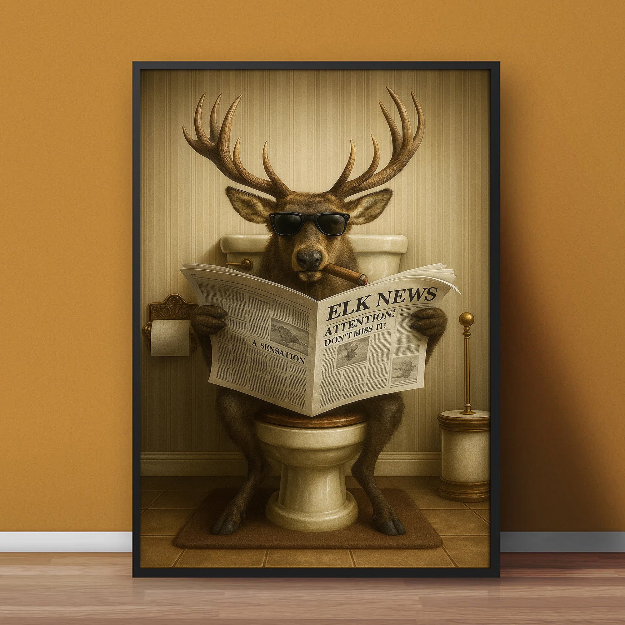 Funny Elk Bathroom Wall Art – Hunting Lodge Decor for Men - Wildlife Animal Poster - Unique Dad Gift for Hunters & Outdoorsmen