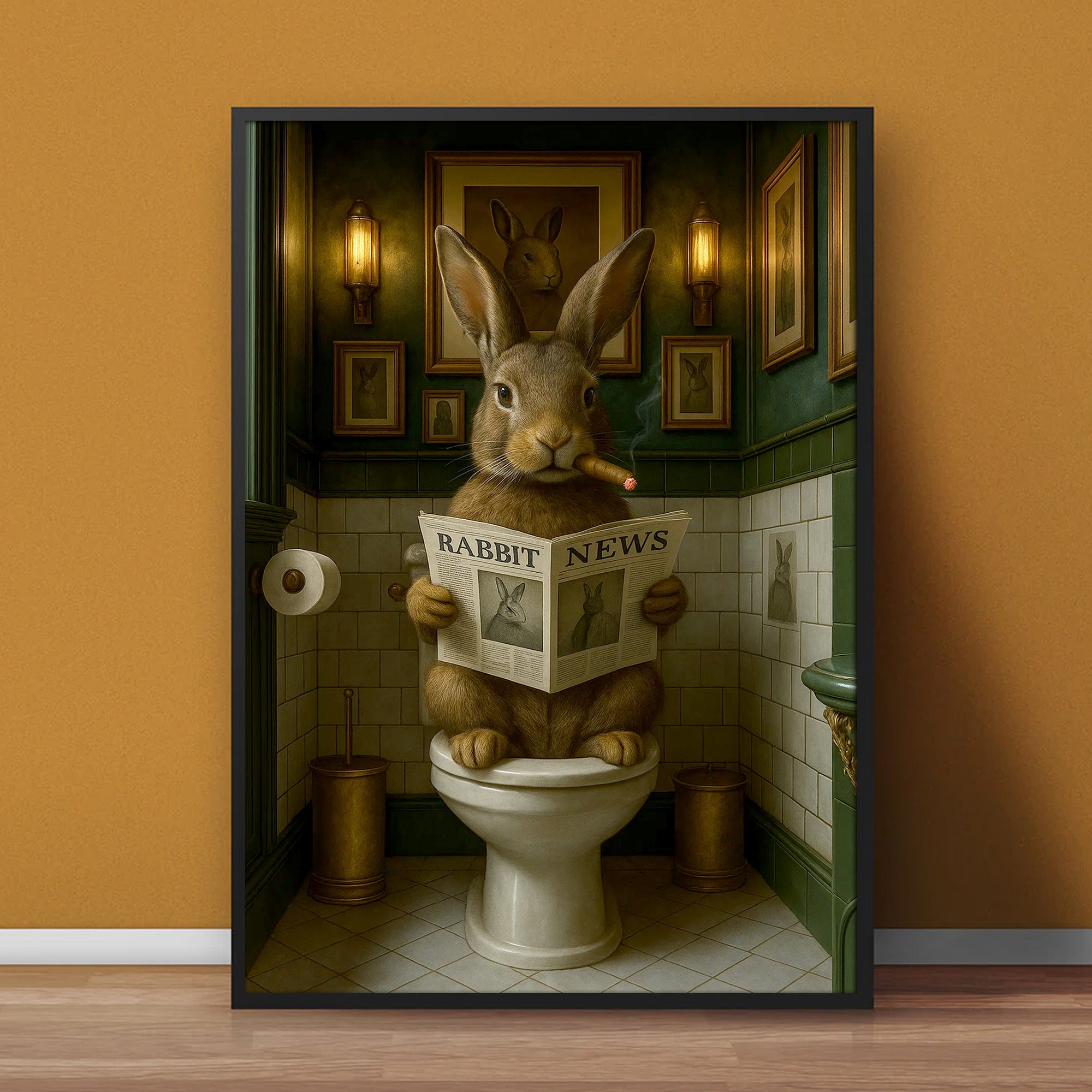 Funny Rabbit Bathroom Poster Canvas– Smoking-Smoking Bunny Reading Newspaper - Rustic Toilet Wall Art, Gift for Animal Lovers