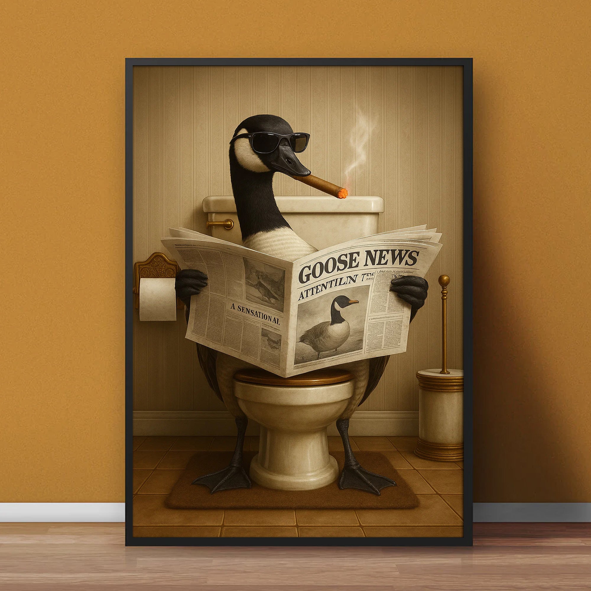 Funny Goose Read Newspaper Bathroom Canvas Wall Art – Hunting Wildlife Animal Poster - Unique Gift for Dad, Hunters