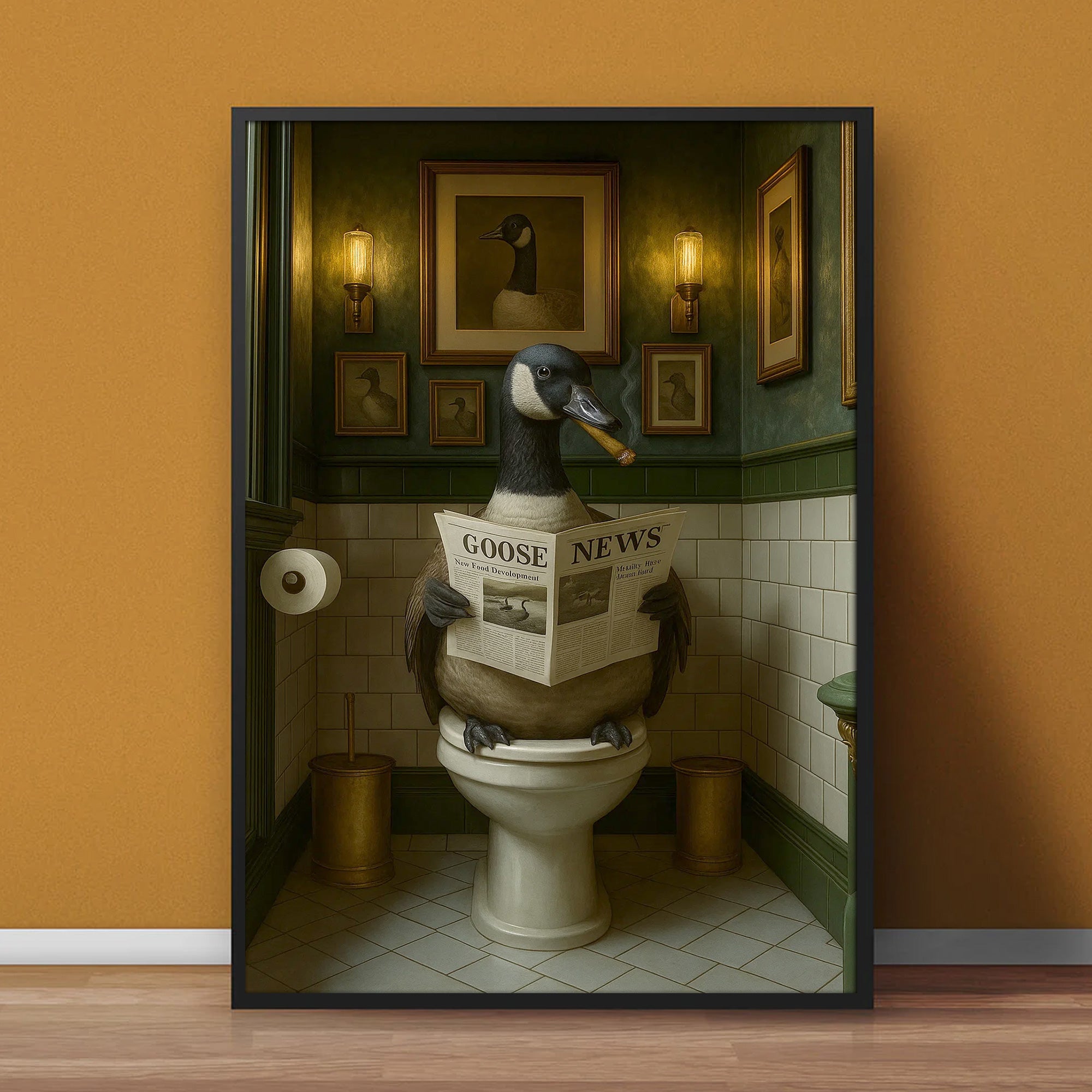 Funny Canada Goose Bathroom Poster – Rustic Cabin Wall Art, Goose Reading Newspaper on Toilet - Canvas Gift for Hunters