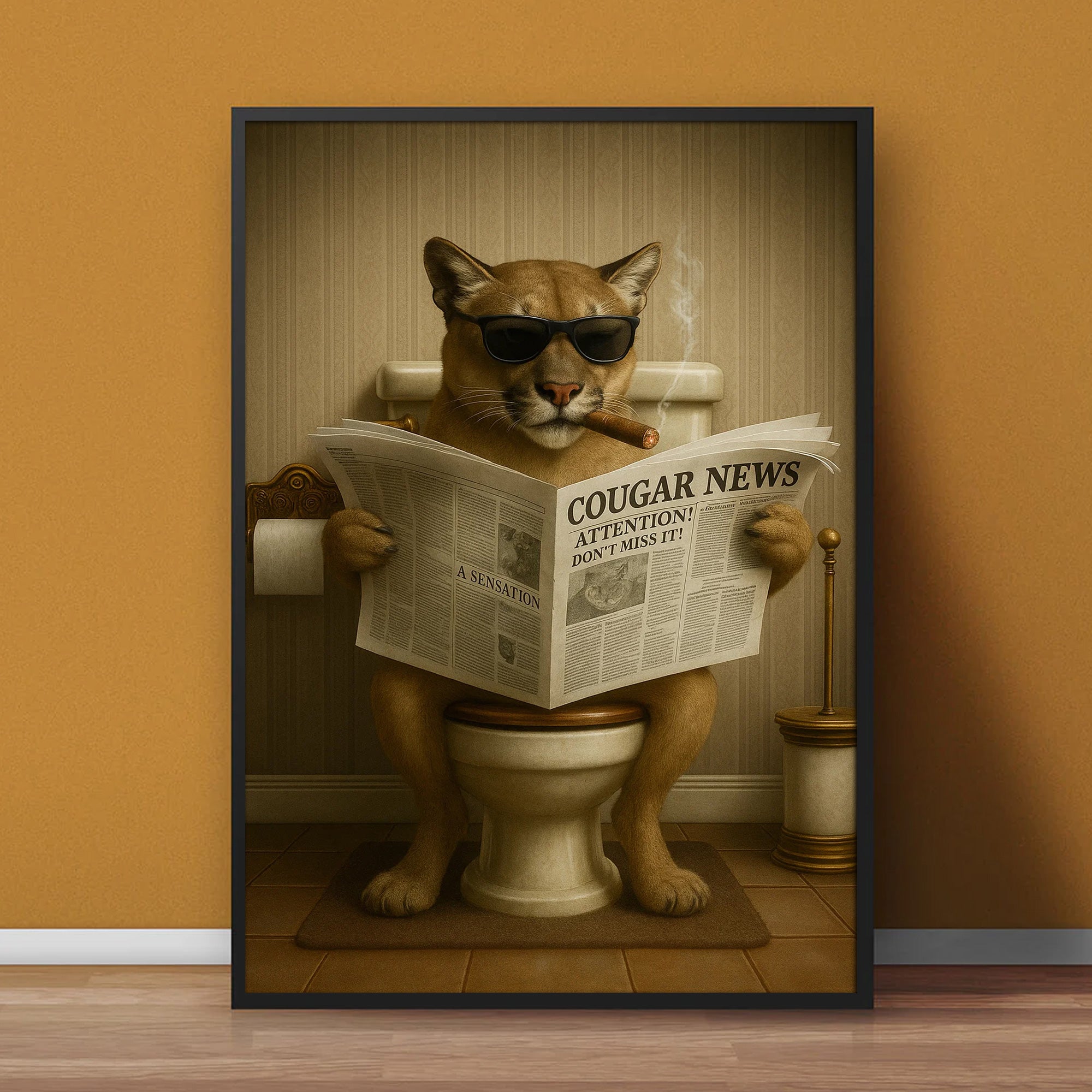 Funny Cougar Bathroom Canvas – Mountain Lion on Toilet Reading Newspaper - Rustic Cabin Decor, Gift for Outdoorsmen
