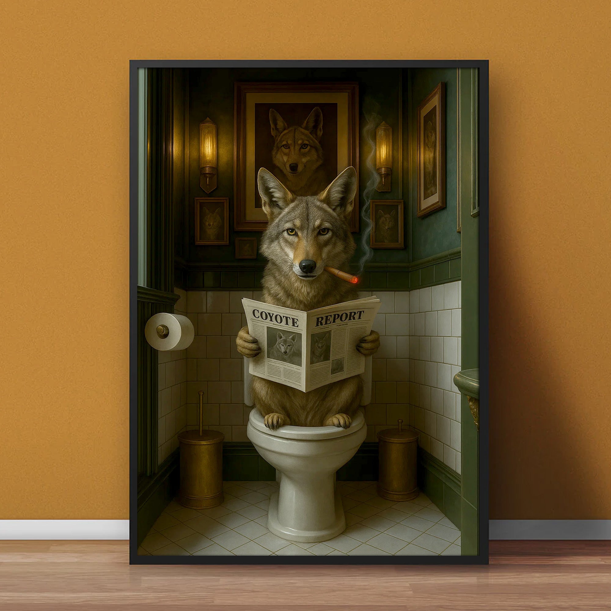 Funny Coyote Bathroom Canvas – Wild Dog on Toilet Reading Newspaper - Wolf Coyote - Rustic Lodge Decor, Gift for Outdoorsmen