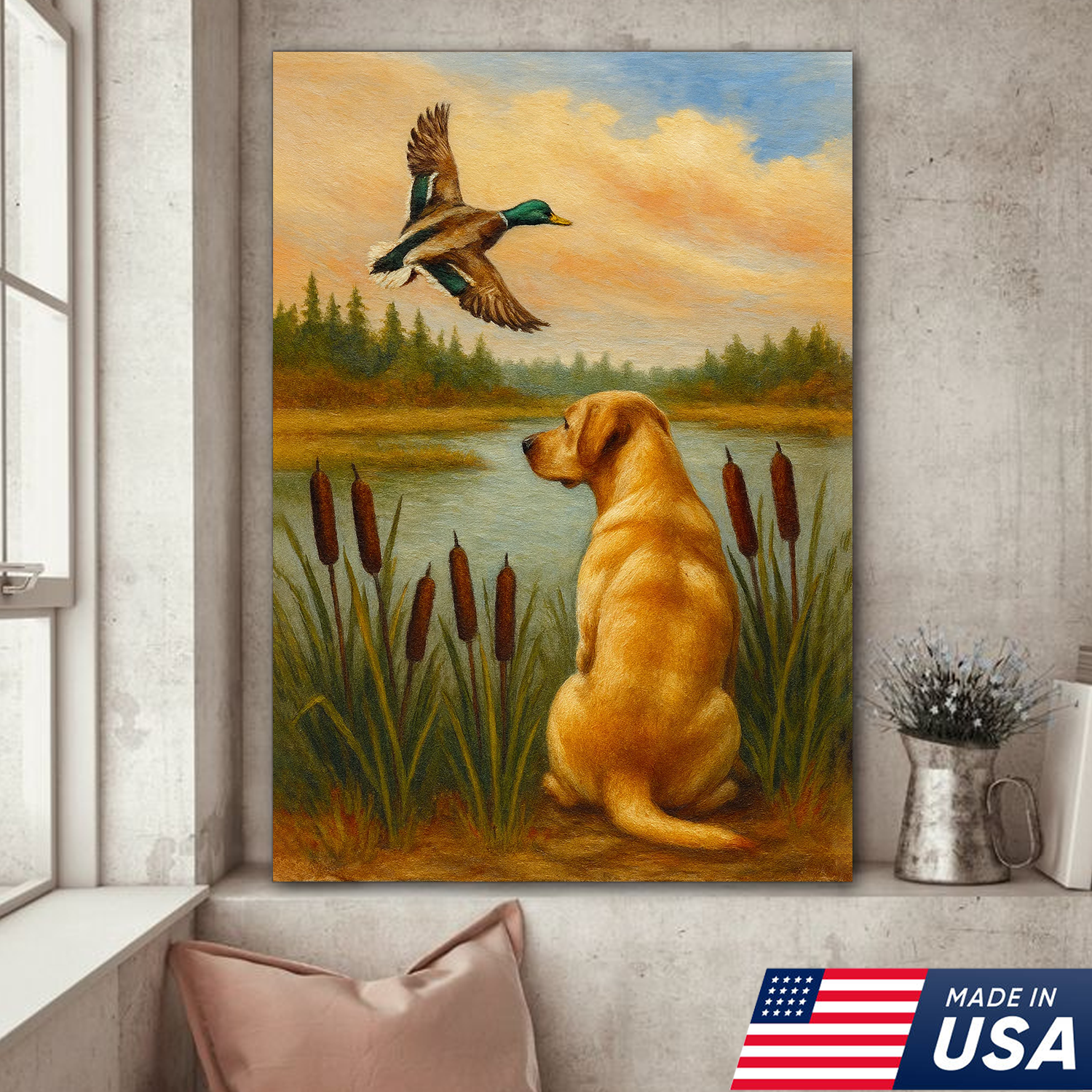 Duck Hunting Dog Canvas Wall Art – Labrador Retriever Rustic Cabin Lodge Decor, Made in USA