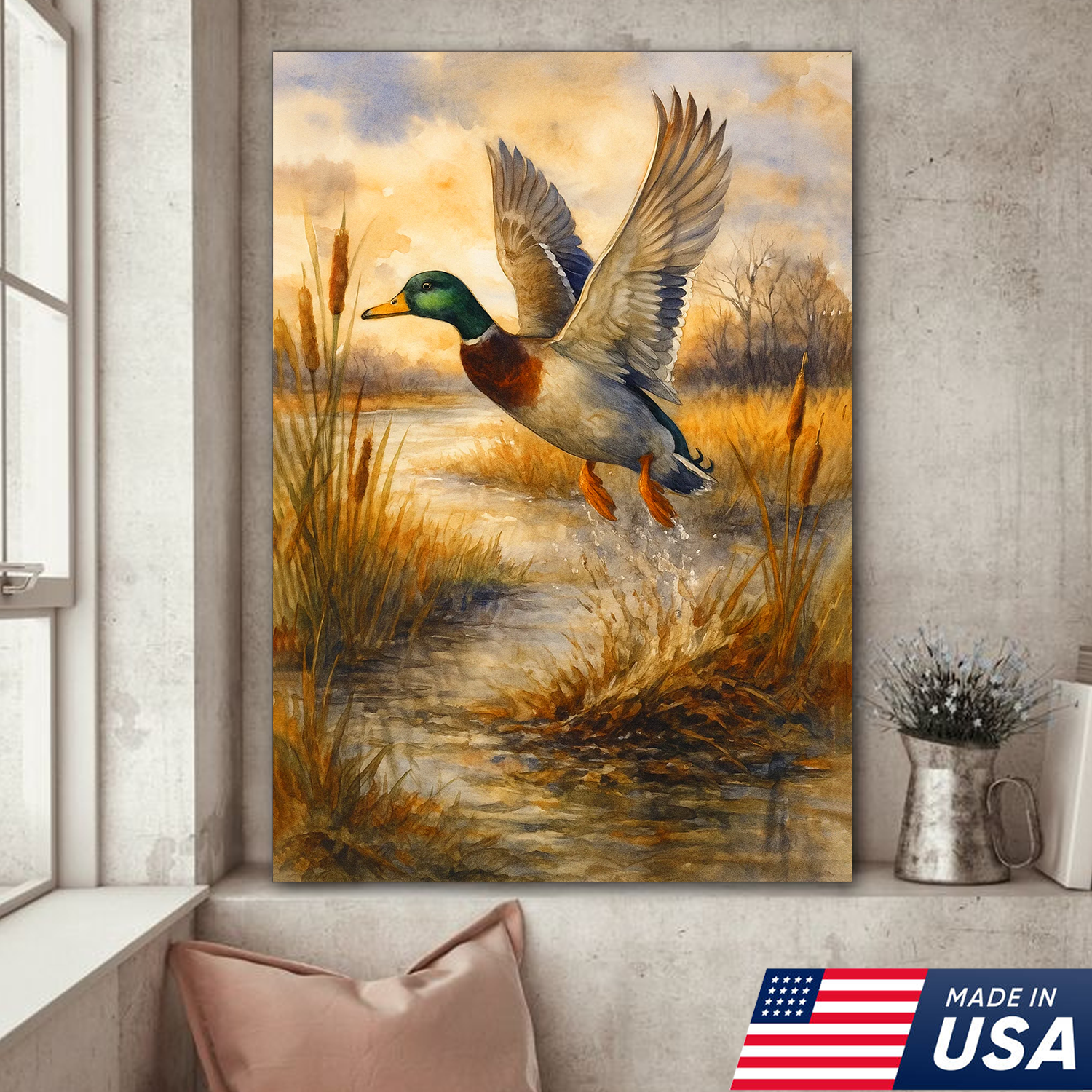 Flying Mallard Duck Canvas Wall Art, Rustic Hunting Wildlife Decor, Perfect Gift for Hunters & Outdoor Lovers