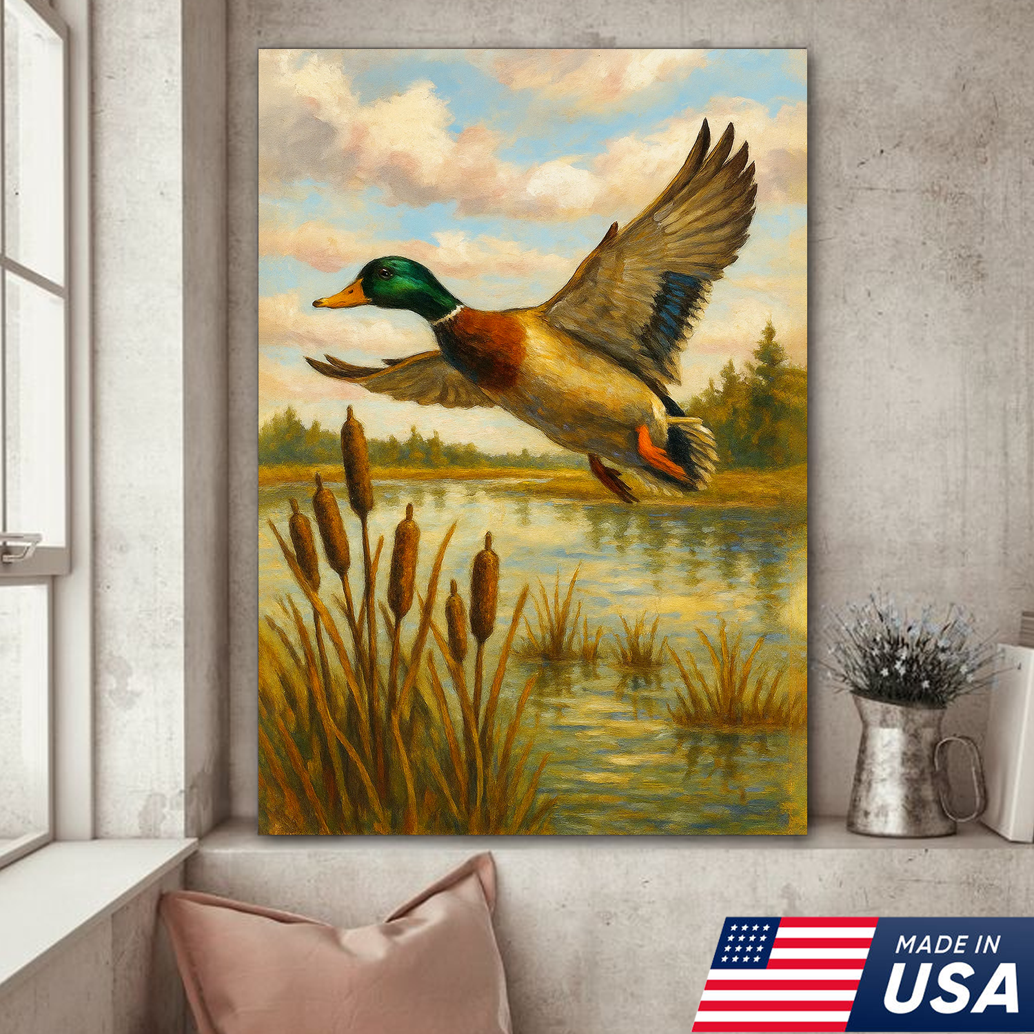 Flying Mallard Duck Canvas Wall Art, Rustic Hunting Cabin Decor, Perfect Gift for Hunters & Outdoor Lovers USA