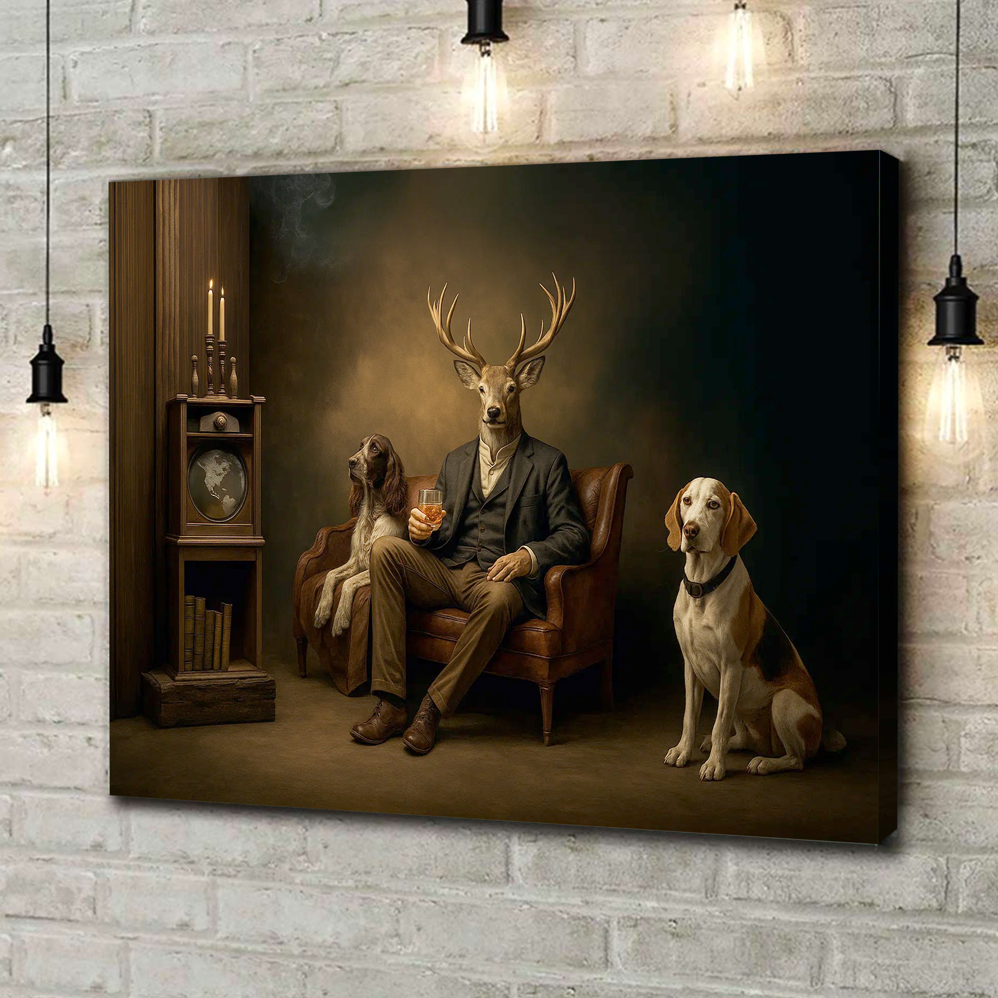 Gentleman Deer Canvas Wall Art – Rustic Whiskey & Hunting Lodge Decor, Man Cave Dog Lover Gift