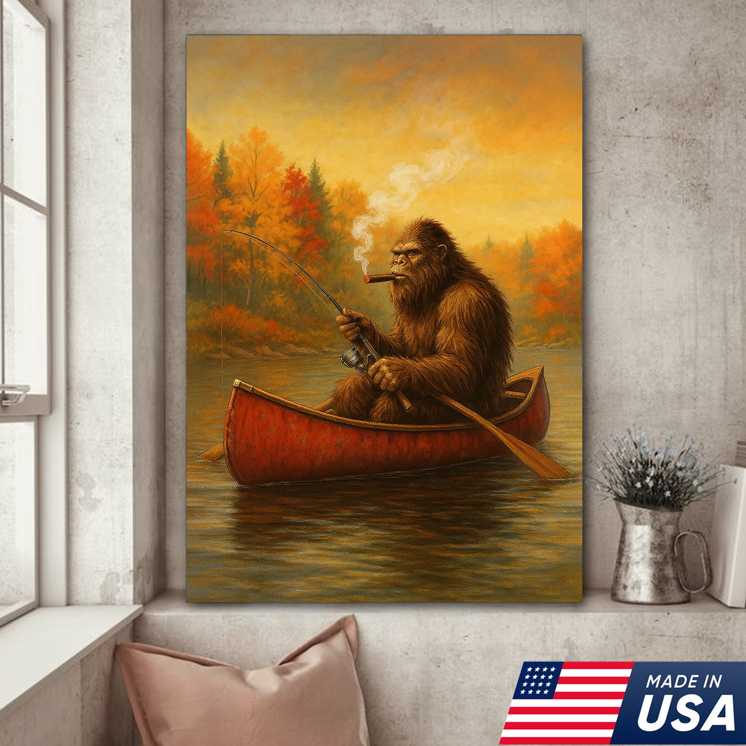 Bigfoot Fishing Canvas Wall Art – Rustic Lodge & Man Cave Decor