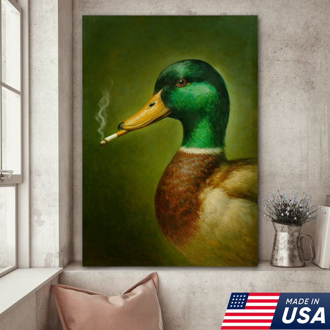 Funny Duck Smoking Canvas Wall Art, Rustic Hunting Lodge Decor, Gift for Hunters & Outdoorsmen