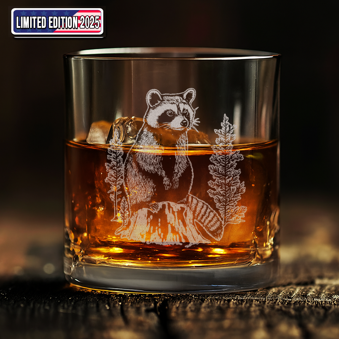 Raccoon In Forest Engraved Whiskey Glass, Wildlife Raccoon Rocks Glass Gift for Drinking Lovers & Hunters