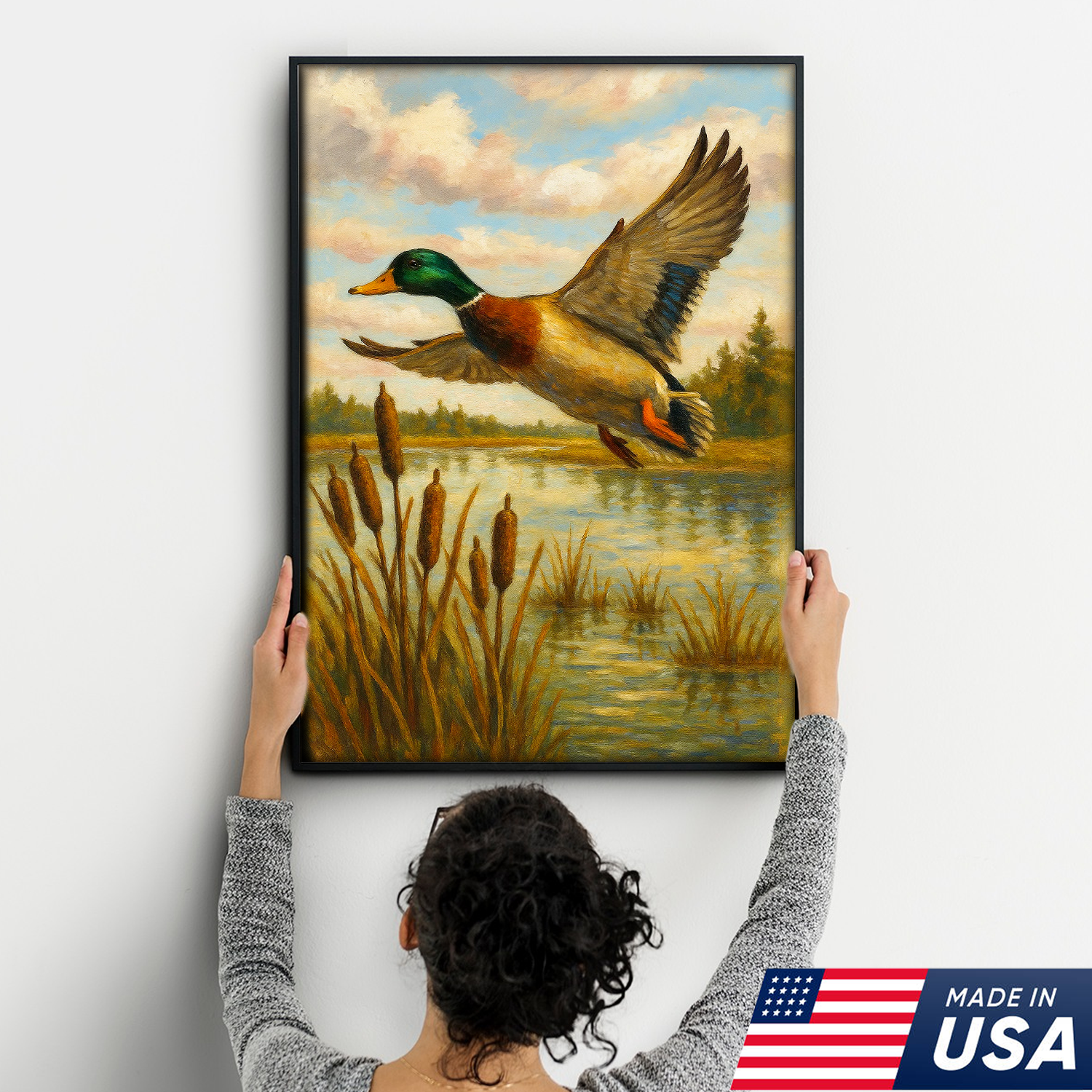 Flying Mallard Duck Canvas Wall Art, Rustic Hunting Cabin Decor, Perfect Gift for Hunters & Outdoor Lovers USA