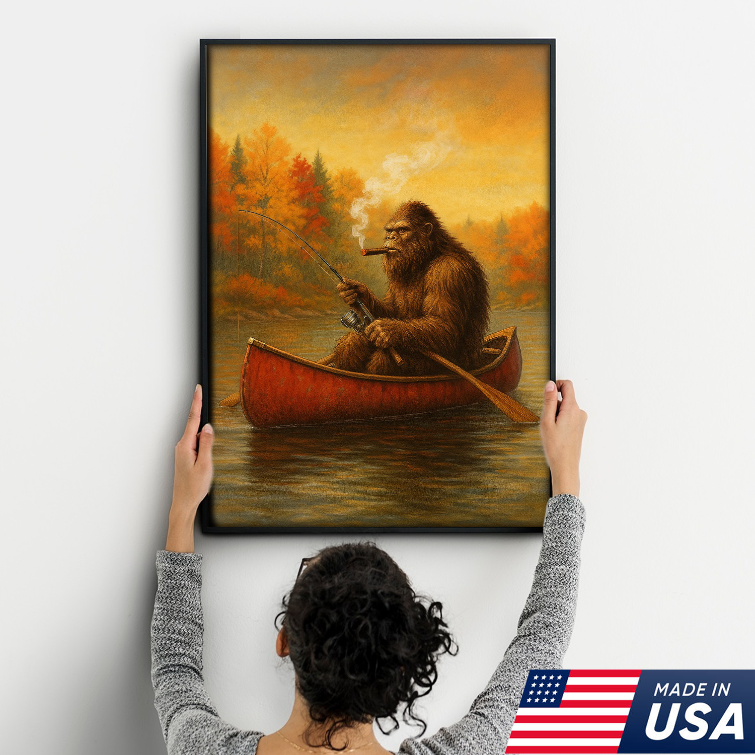 Bigfoot Fishing Canvas Wall Art – Rustic Lodge & Man Cave Decor