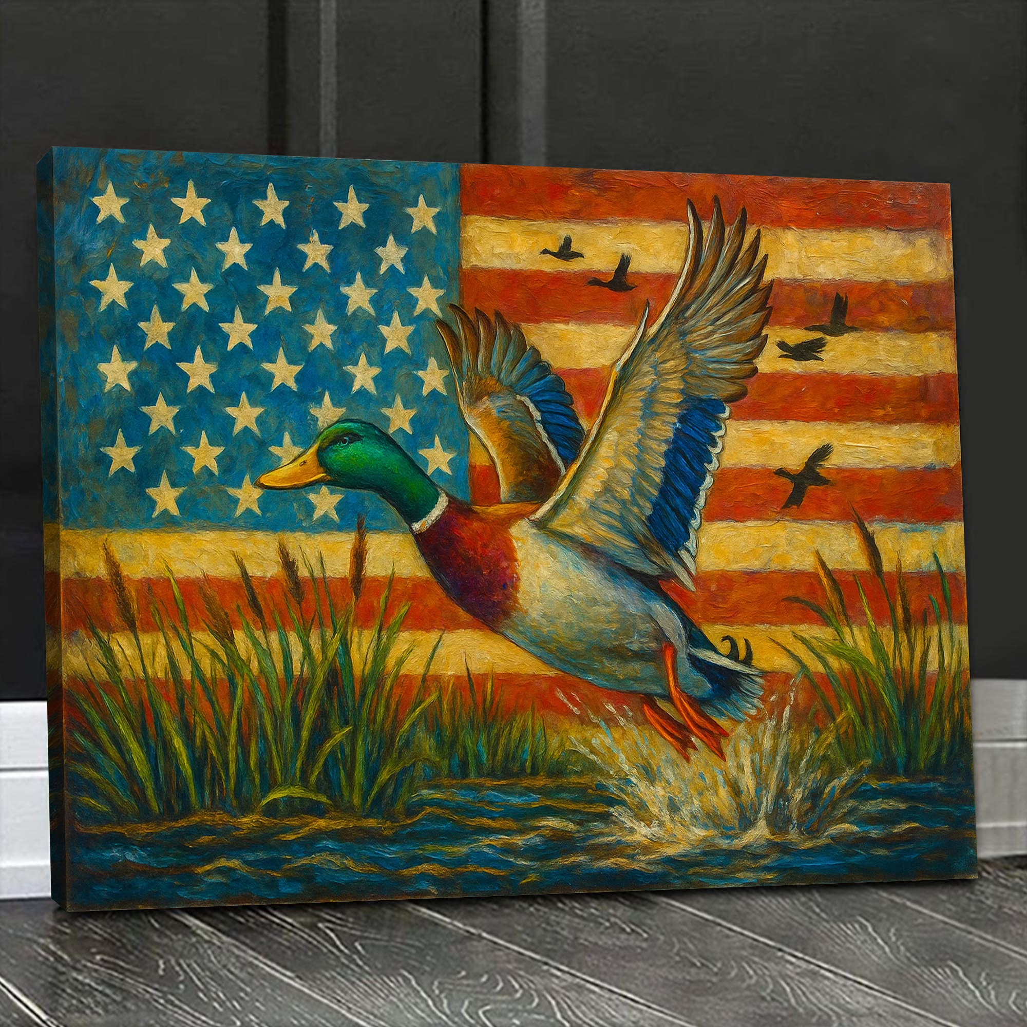 Duck Hunting Canvas – Mallard Flying with American Flag Rustic Wall Art for Hunters, Man Cave & Cabin Décor