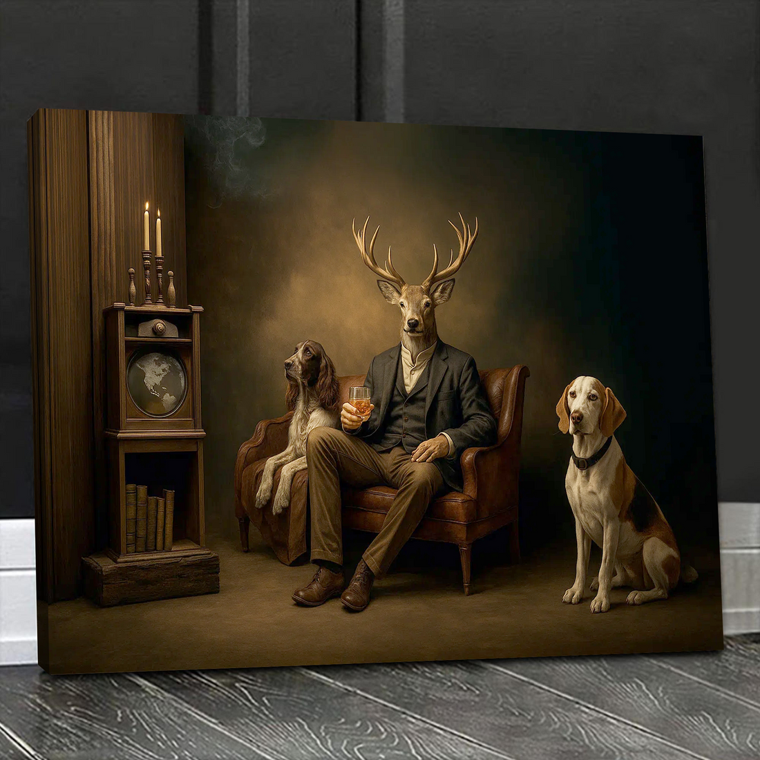 Gentleman Deer Canvas Wall Art β Rustic Whiskey & Hunting Lodge Decor, Man Cave Dog Lover Gift