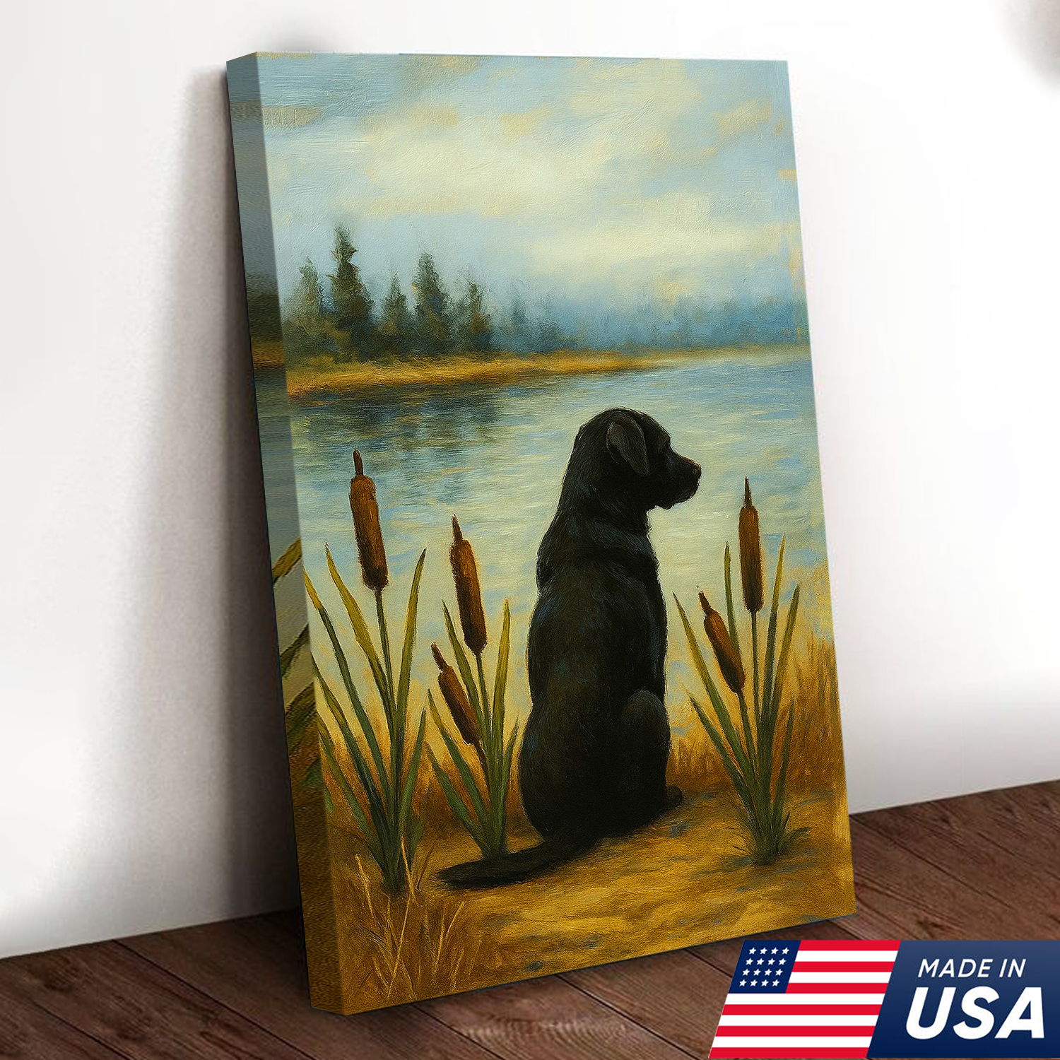Black Labrador Hunting Dog Canvas Wall Art – Rustic Cabin Lodge Lake Decor, Gift For Hunters