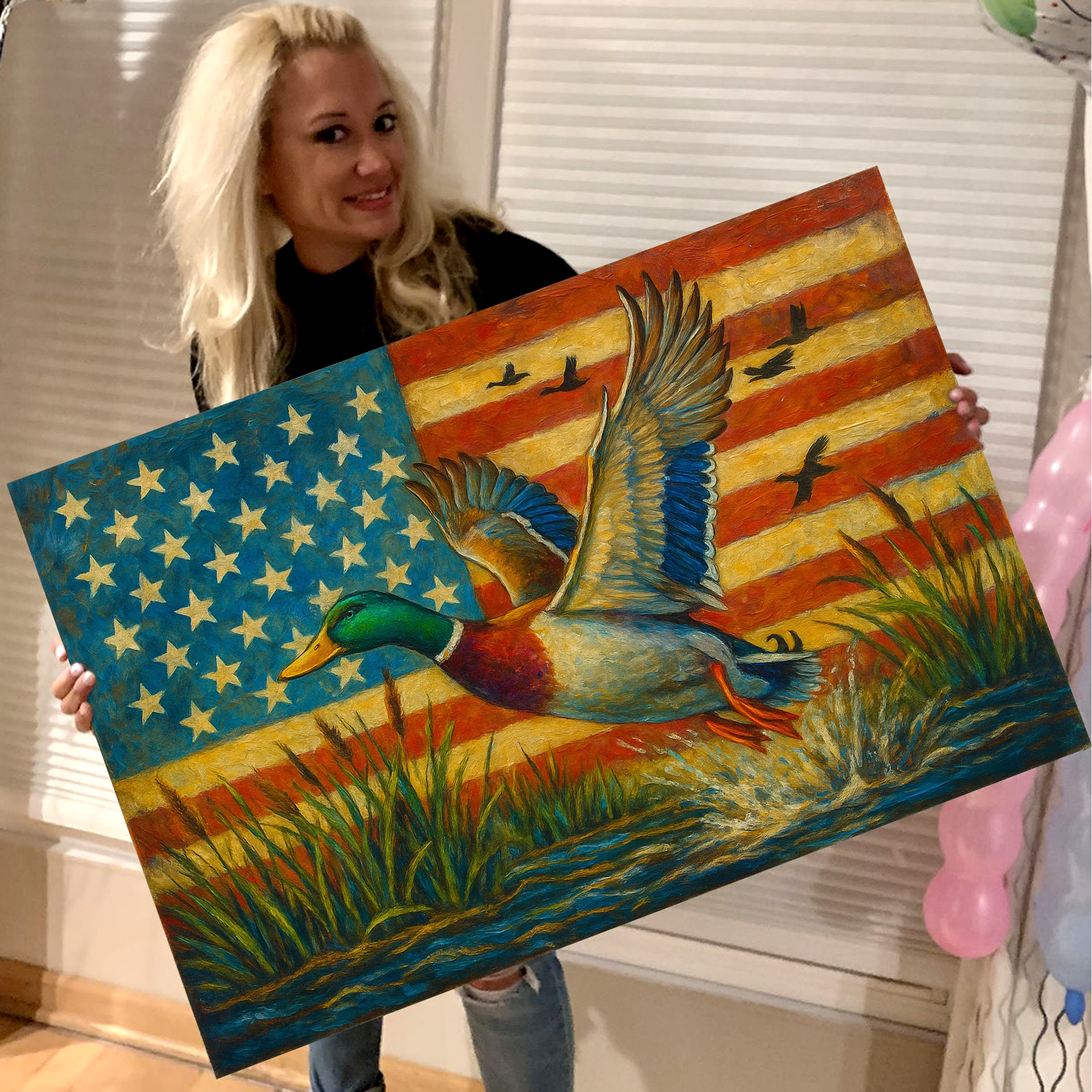 Duck Hunting Canvas – Mallard Flying with American Flag Rustic Wall Art for Hunters, Man Cave & Cabin Décor